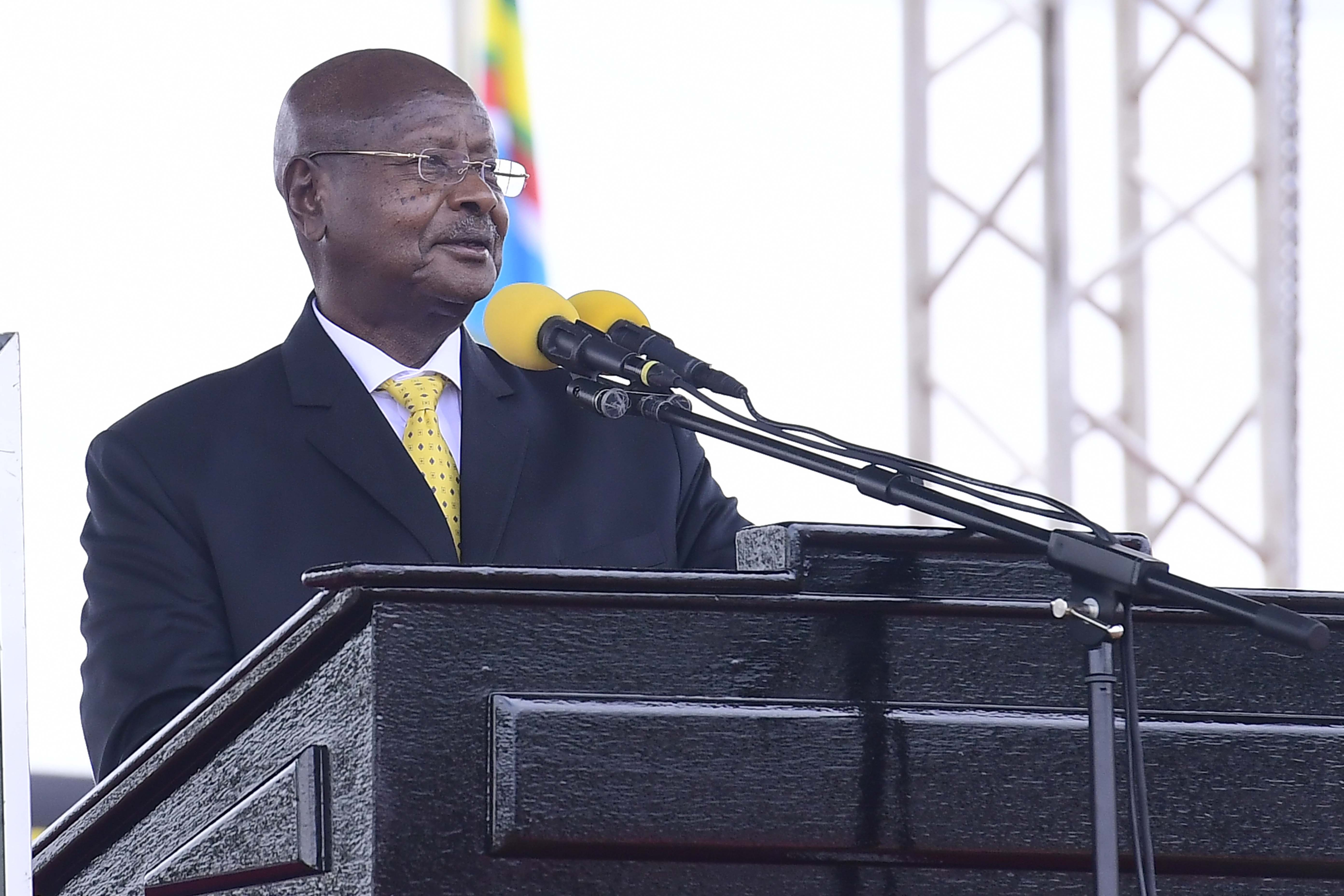 Uganda's President Yoweri Museveni addresses delegates during his swearing-in ceremony for the sixth elective term at the Kololo Independence Grounds in Kampala, Uganda May 12, 2021. Presidential Press Service/Handout via REUTERS  