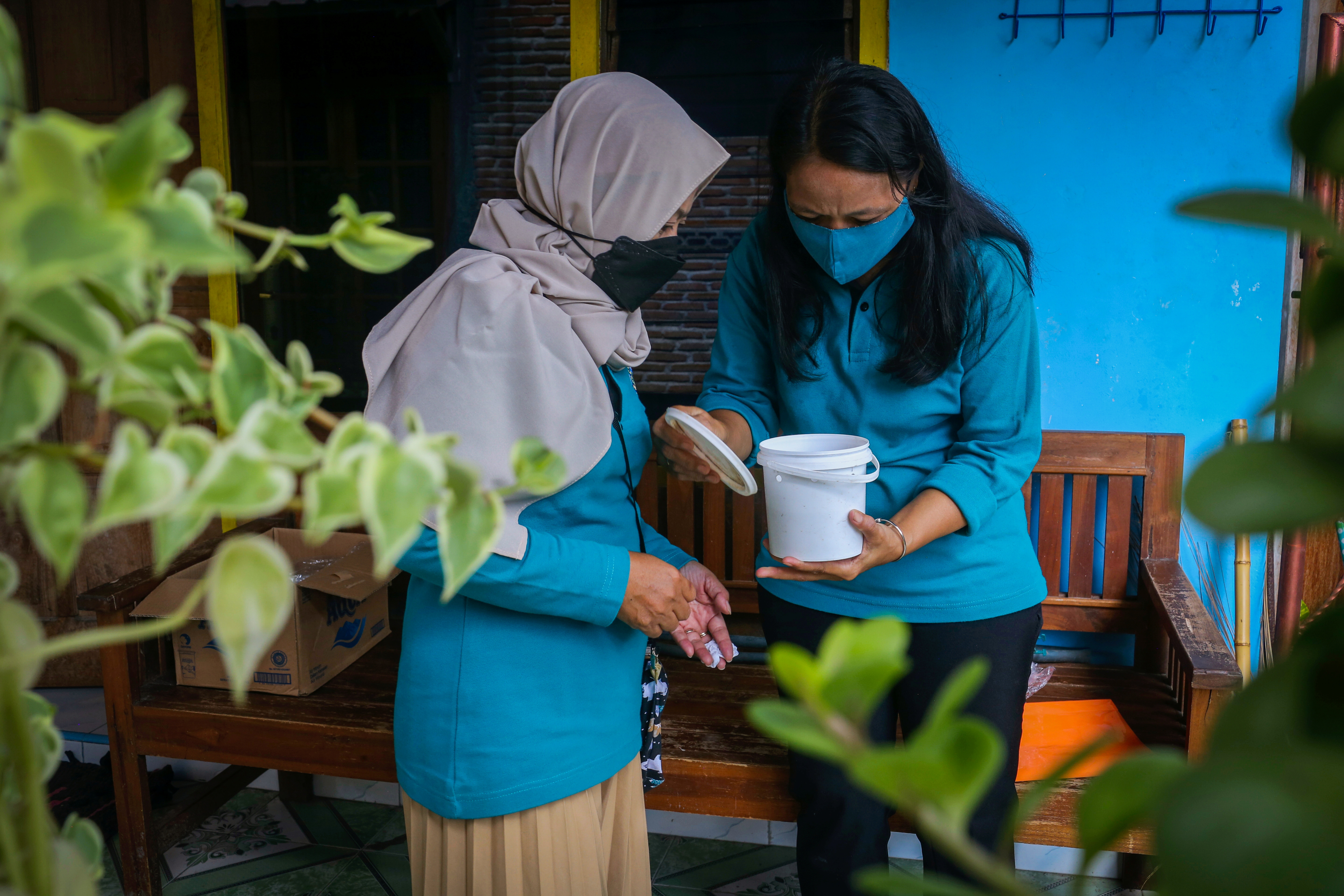 Volunteers of the World Mosquitoes Program (WMP) check the Wolbachia mosquito hatchery bucket at a house in Yogyakarta