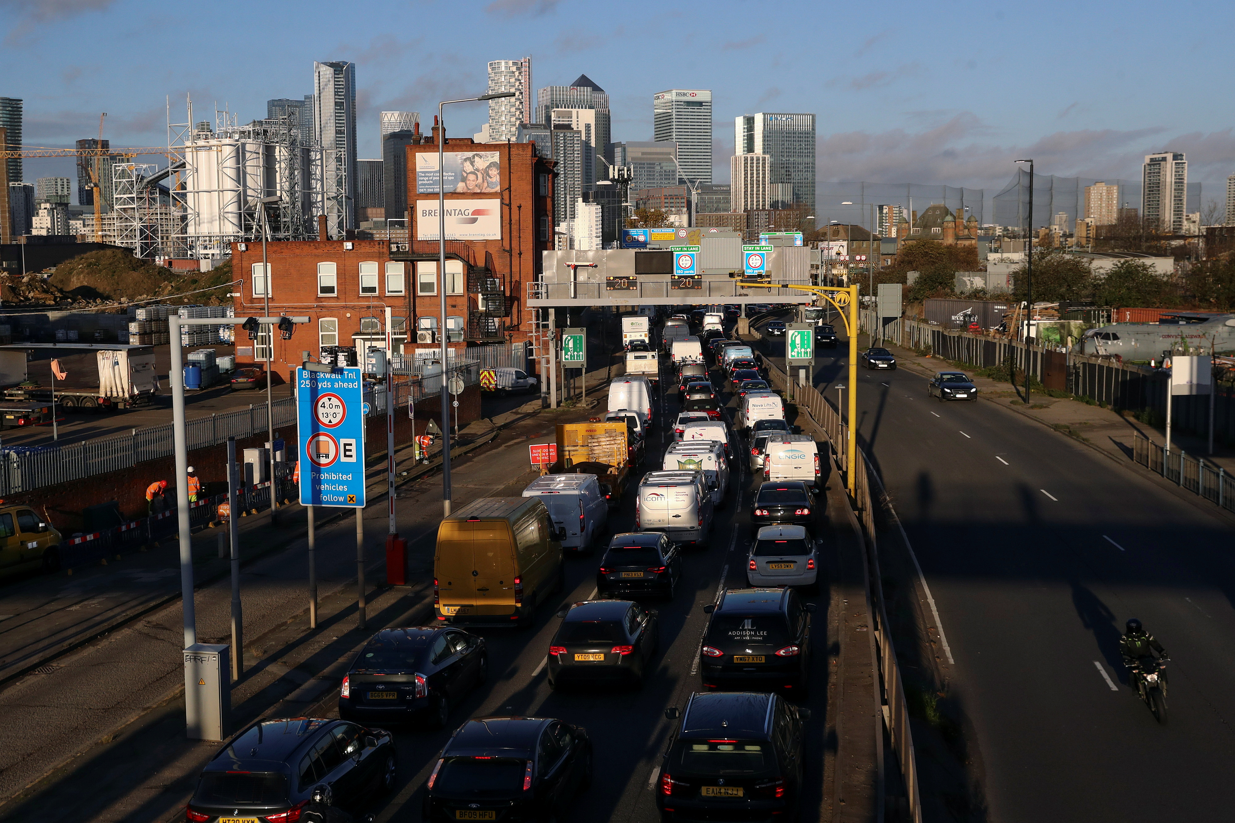 Vehicles sitting in traffic approach the Blackwall Tunnel, in London