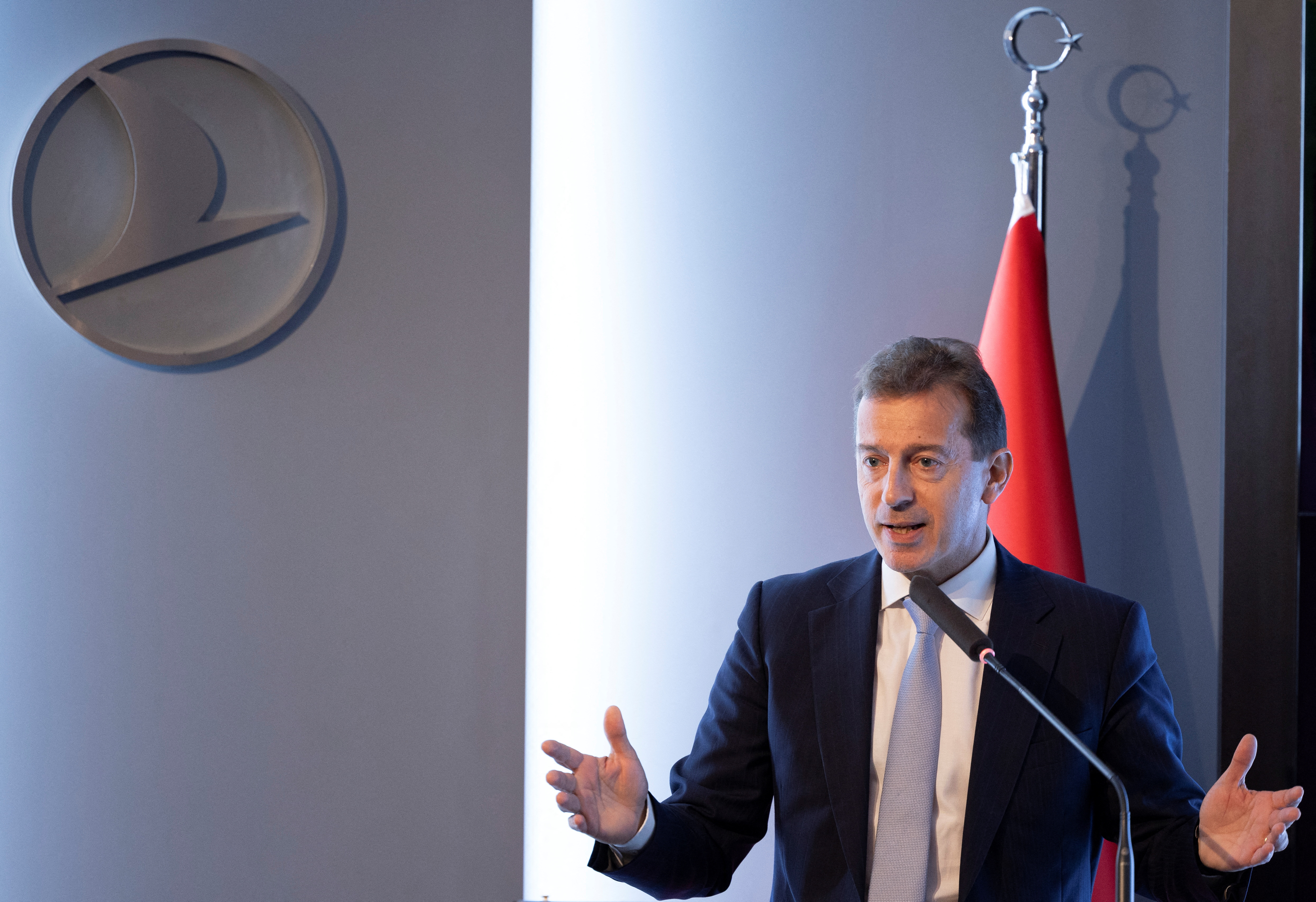 CEO of Airbus SE Guillaume Faury addresses the audience during a signing ceremony in Istanbul