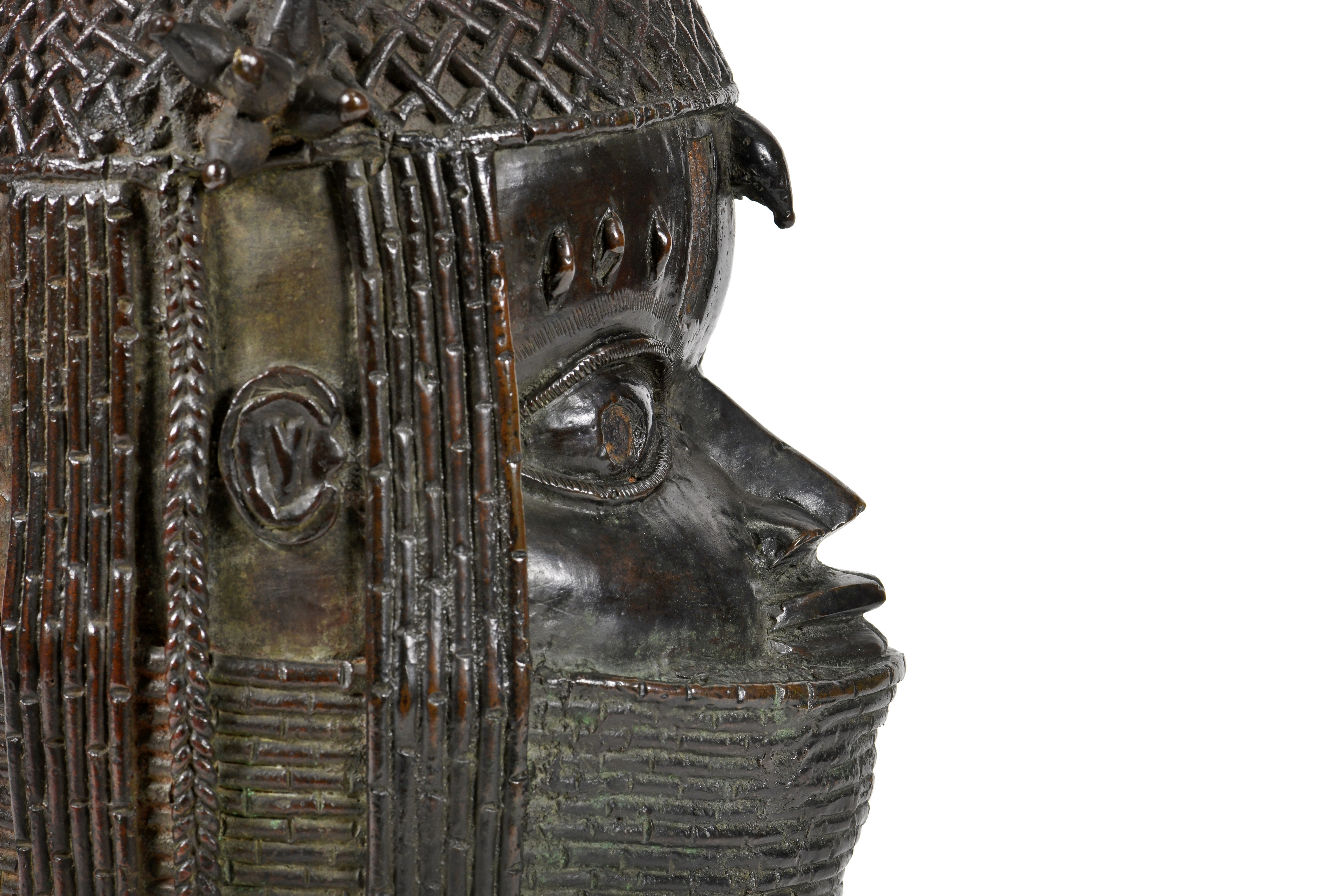 A bronze sculpture depicting an Oba (king) of Benin is seen in this handout photo