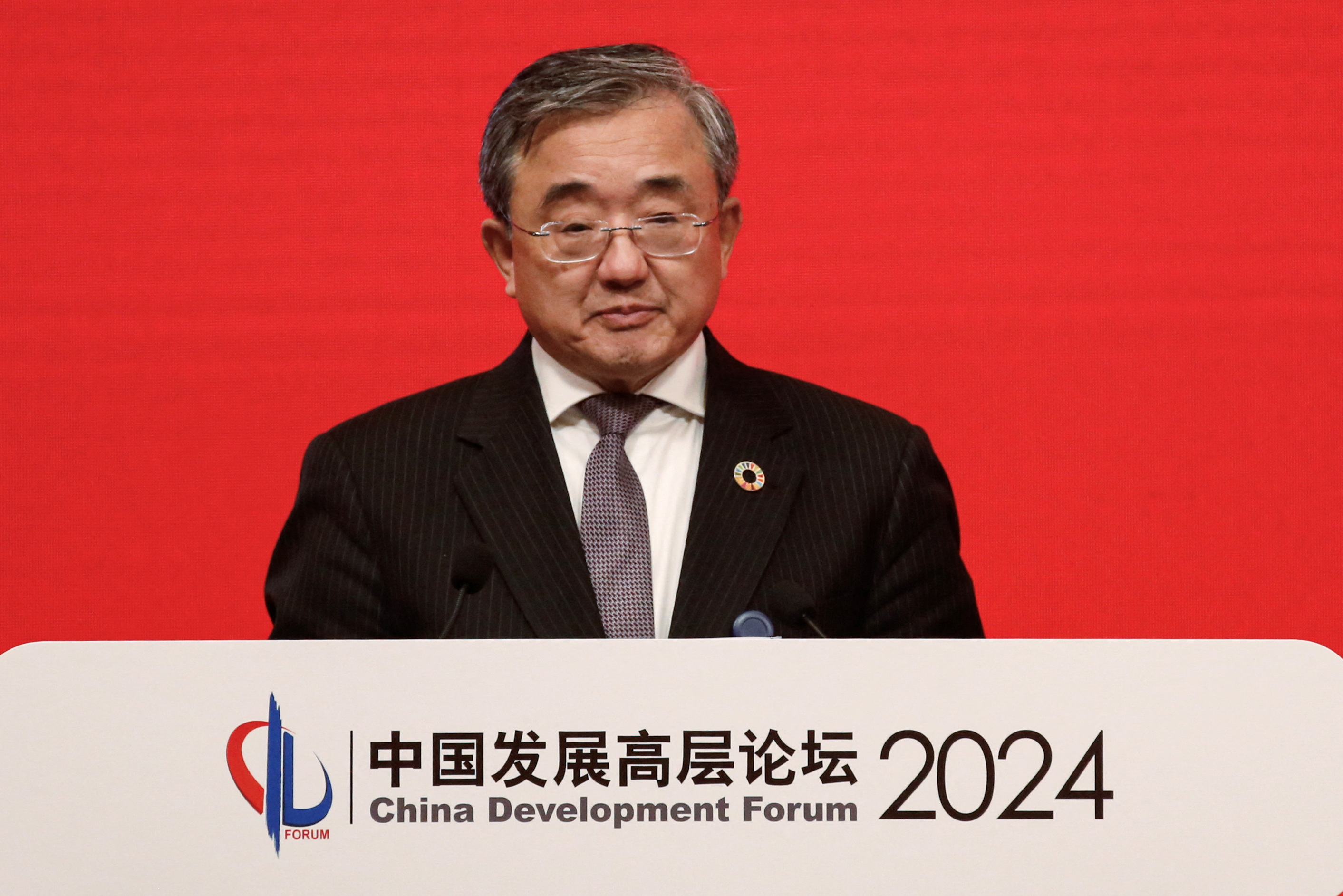 China's special envoy for climate change Liu Zhenmin speaks at the China Development Forum (CDF) 2024, in Beijing