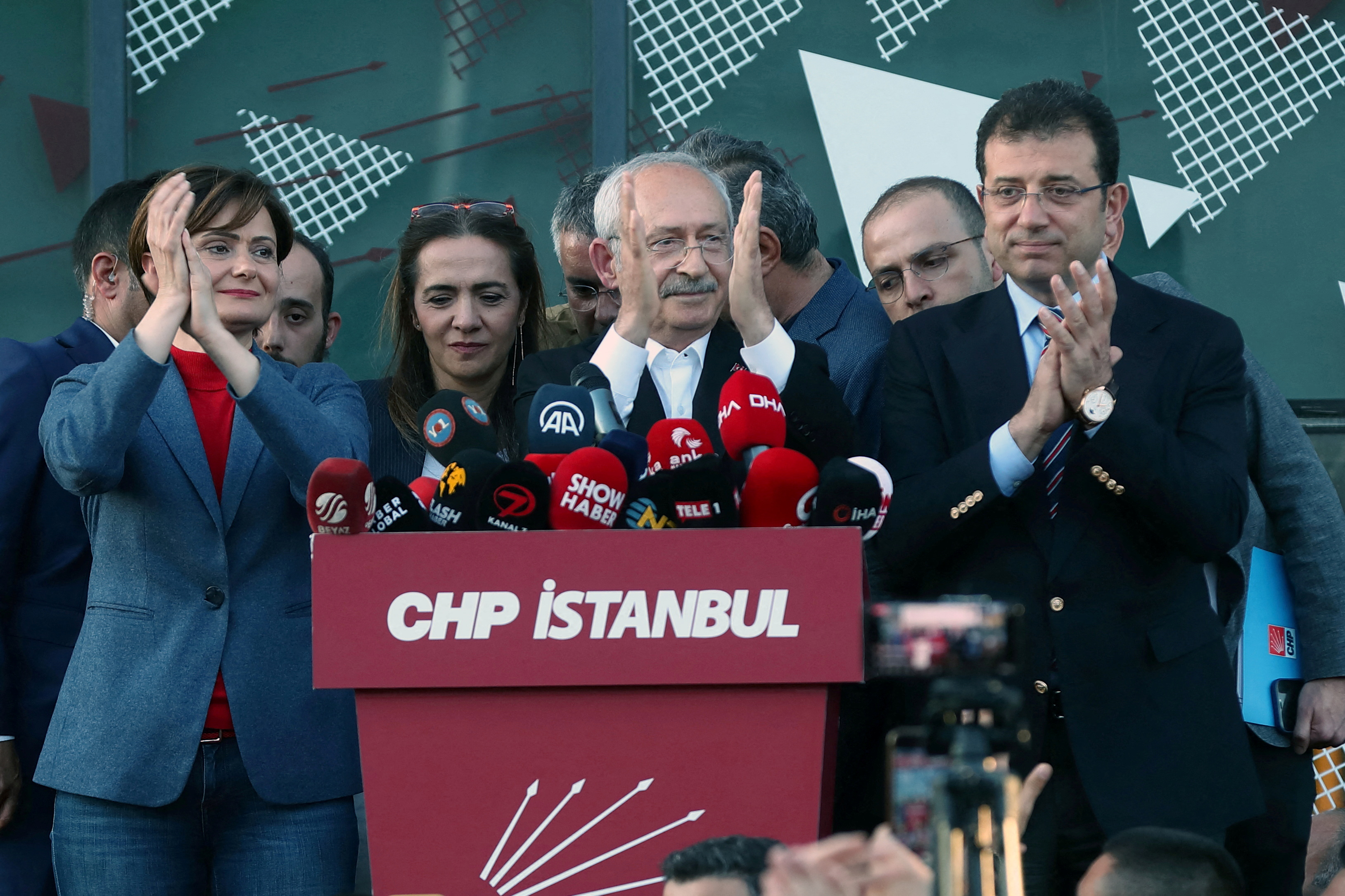 Main opposition CHP leader Kilicdaroglu greets their supporters in Istanbul