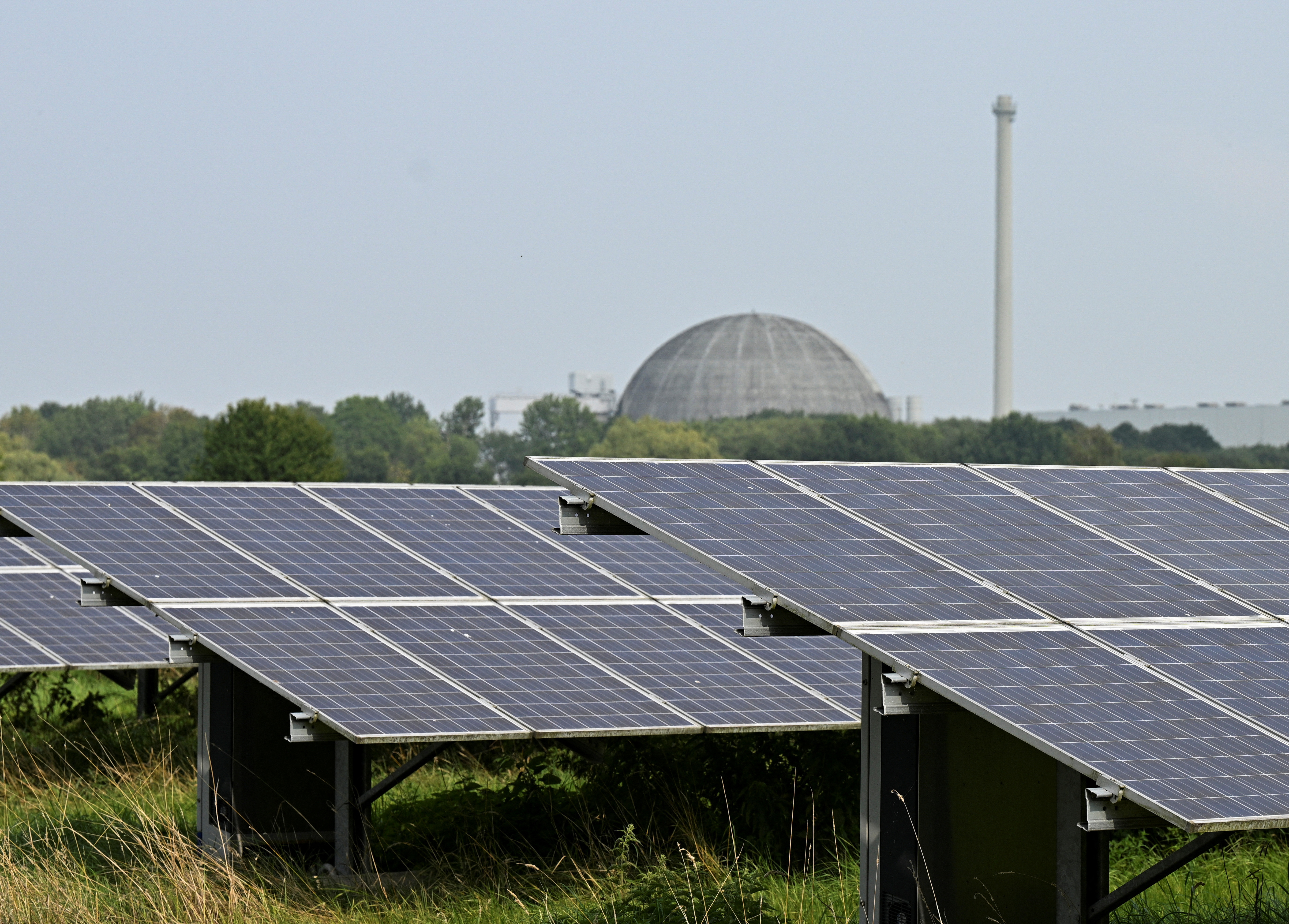 A general view of a solar park in-front of the Unterweser Nuclear Power Plant in Stadland