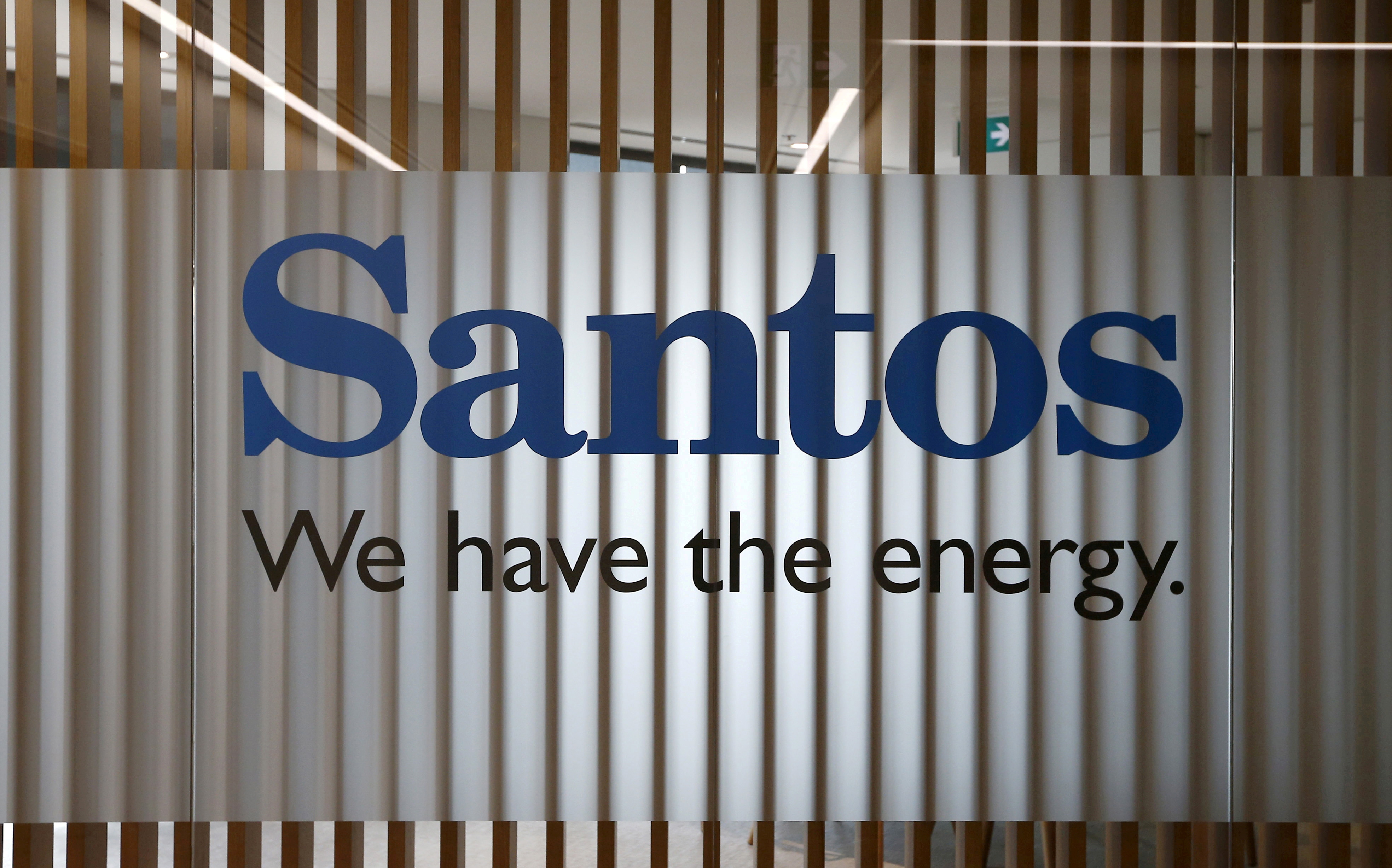 The logo of Australian oil and gas producer Santos Ltd is pictured at their Sydney office