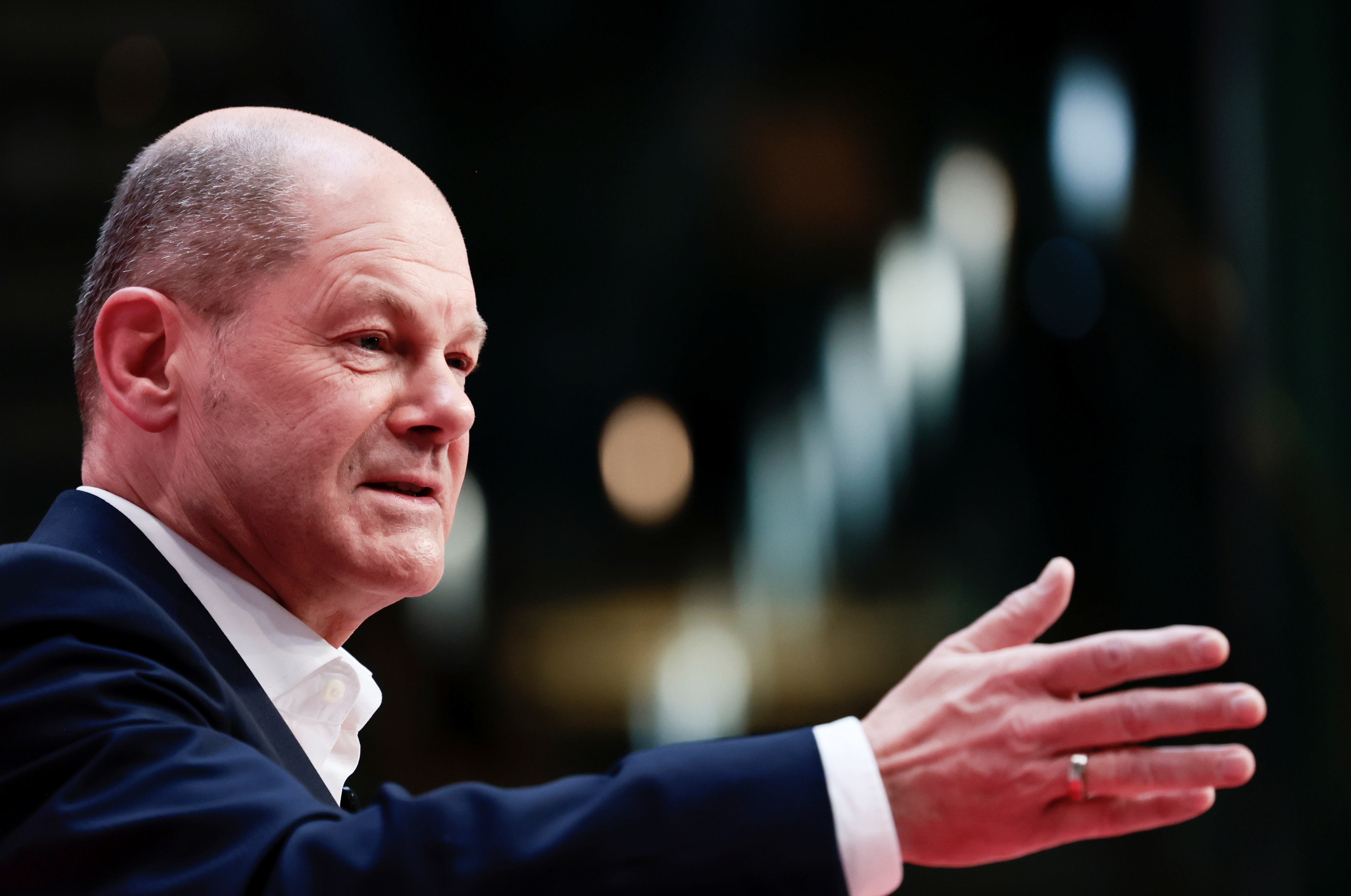 Germany's Social Democratic Party (SPD) candidate for chancellor Olaf Scholz attends a hybrid party conference for the approval of the traffic light coalition agreement at the party headquarters in Berlin, Germany, December 4, 2021. REUTERS/Hannibal Hanschke/Pool
