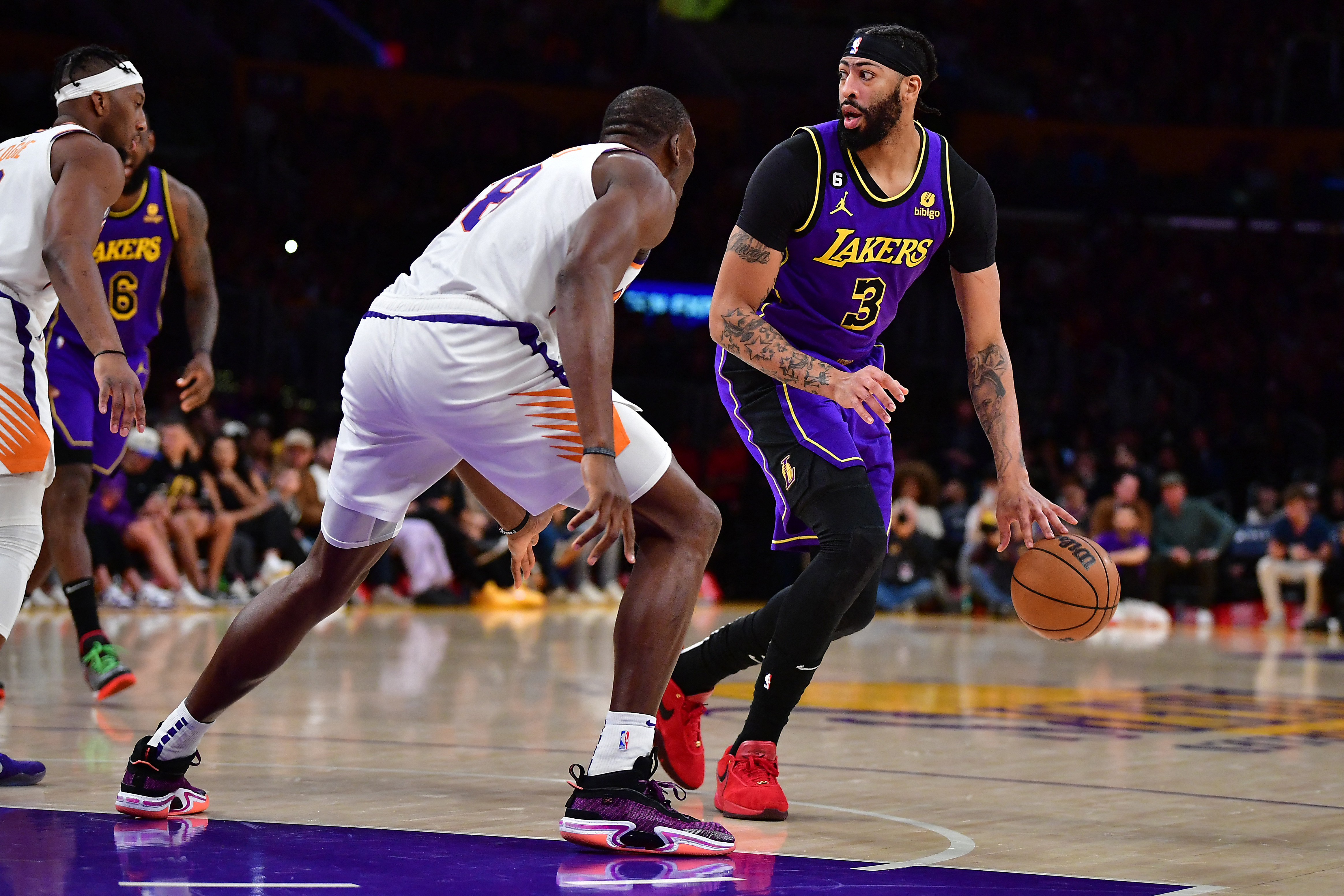 The Nike LeBron shoes worn by Los Angeles Lakers forward LeBron James (6)  against the LA Clippers in the first half at Crypto.com Arena.