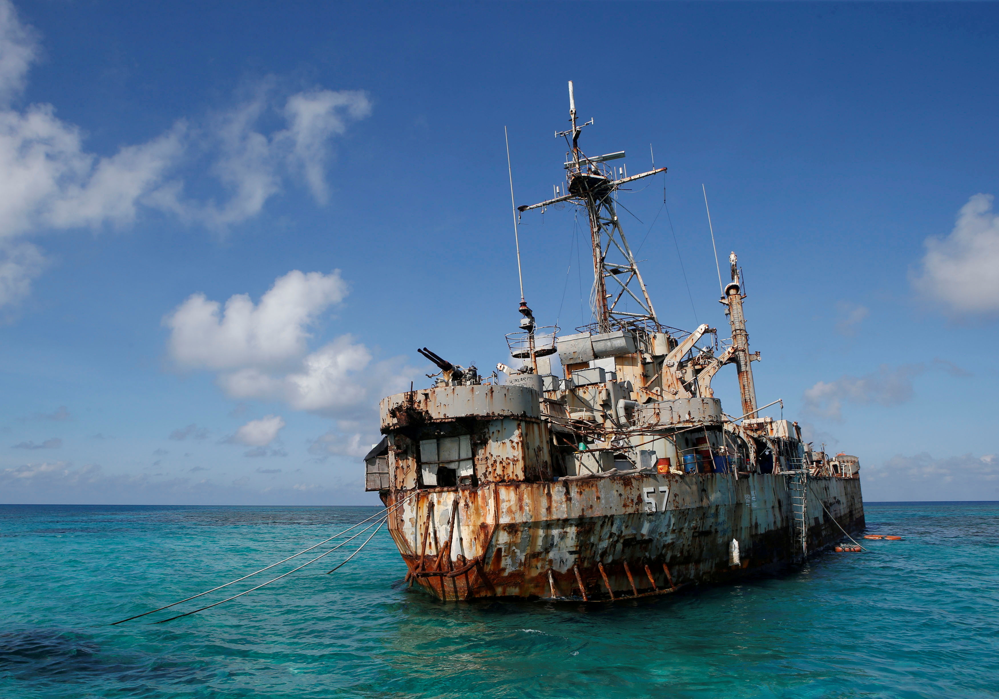 The BRP Sierra Madre, a marooned transport ship which Philippine Marines live on as a military outpost, is pictured in the disputed Second Thomas Shoal