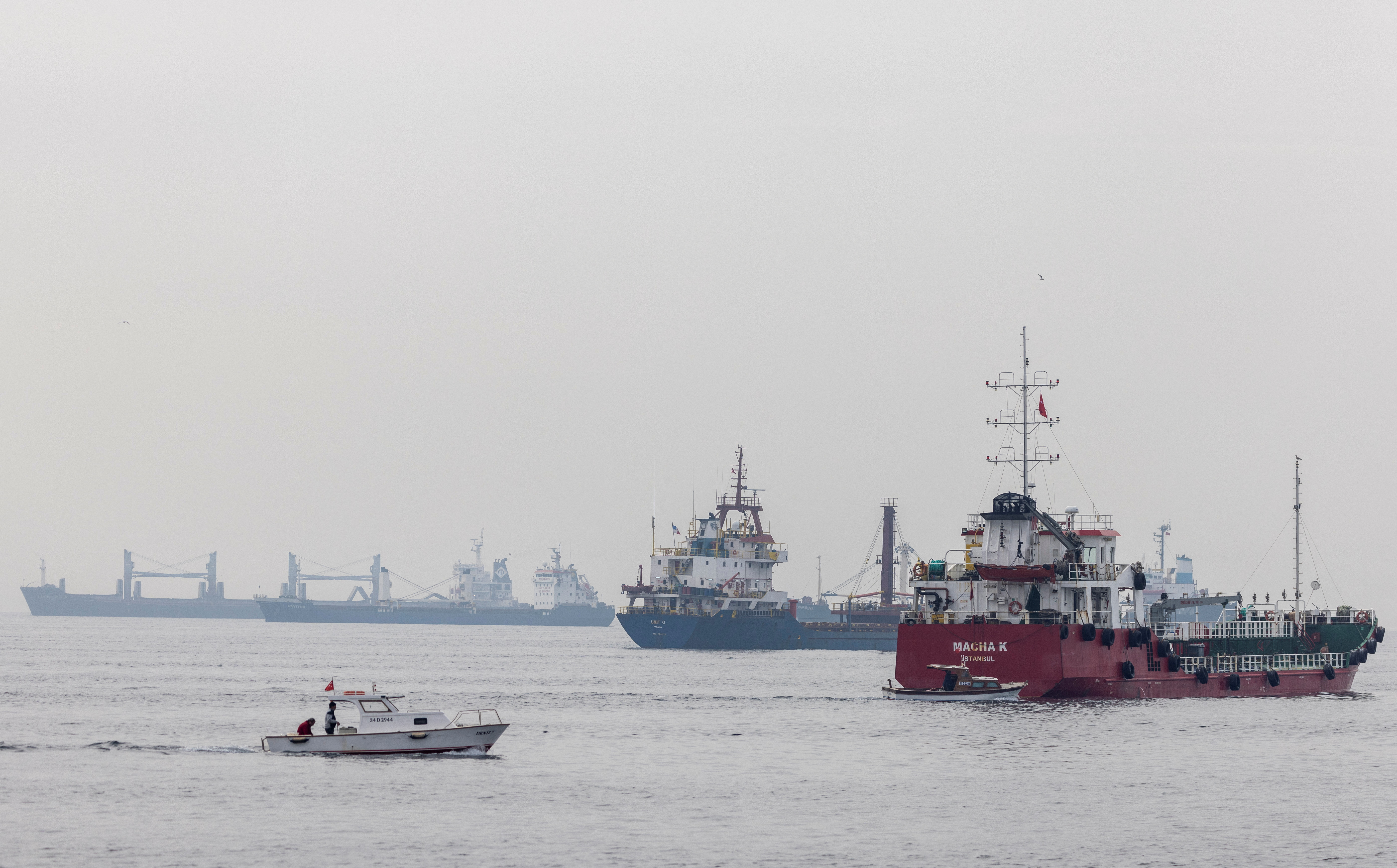 Commercial vessels including vessels which are part of Black Sea grain deal wait to pass the Bosphorus strait off the shores of Yenikapi in Istanbul