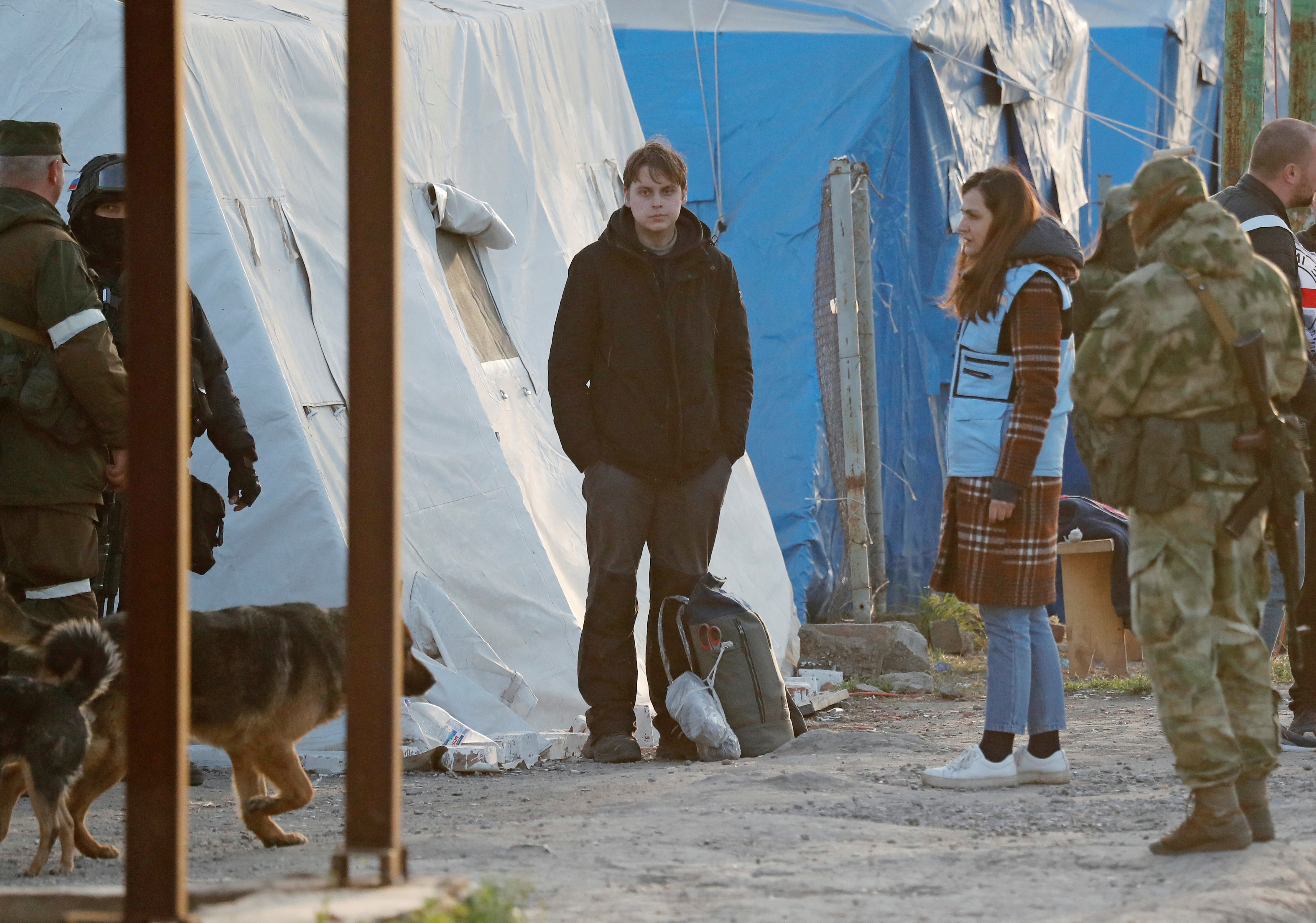 Evacuees from Azovstal steel plant arrive at a temporary accommodation centre in Bezimenne