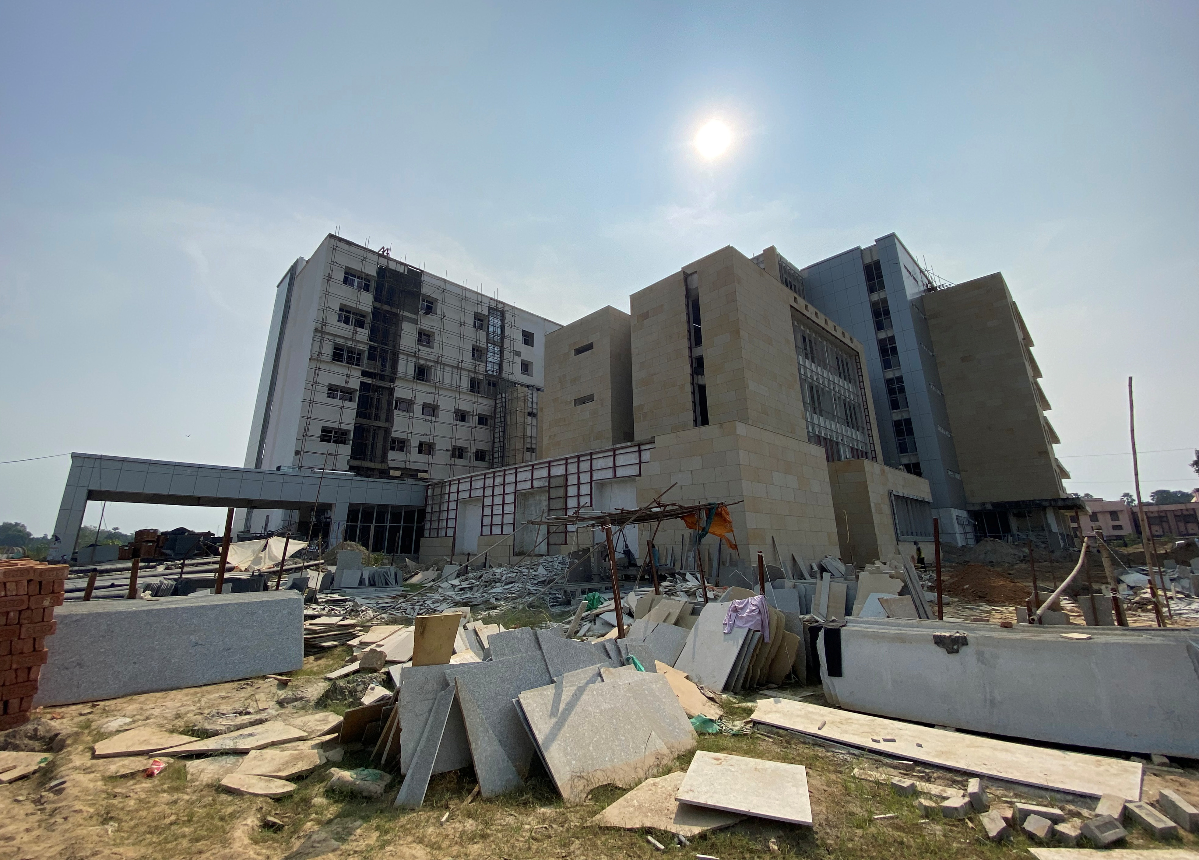 A view of the construction site of a 200-bed advanced-care hospital, a unit of the Jawaharlal Nehru Medical College and Hospital in Bhagalpur district in Bhagalpur