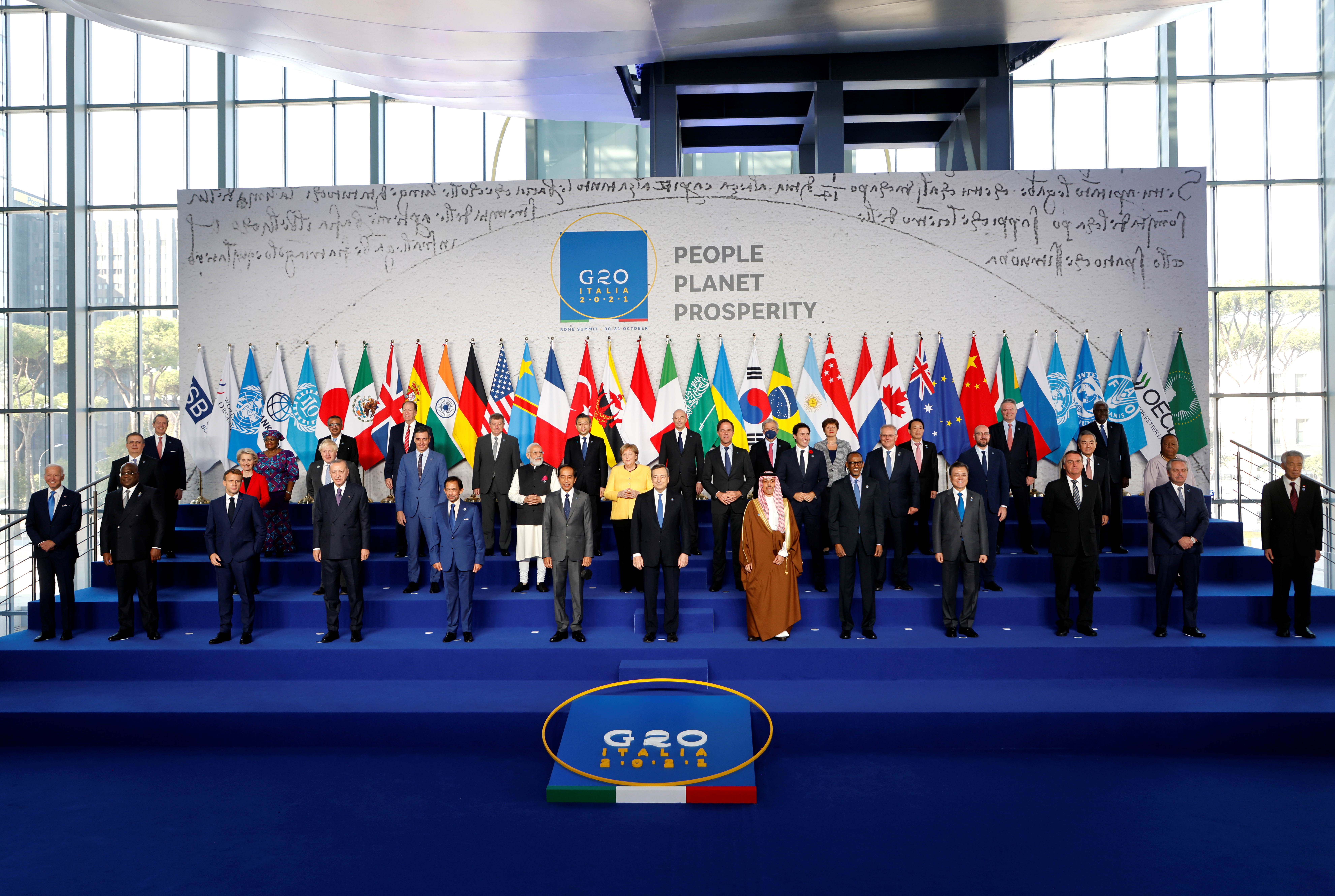 World leaders gather for the official family photograph on day one of the G20 leaders summit at the convention center of La Nuvola, in Rome, October 30, 2021. Ludovic Marin/Pool via REUTERS