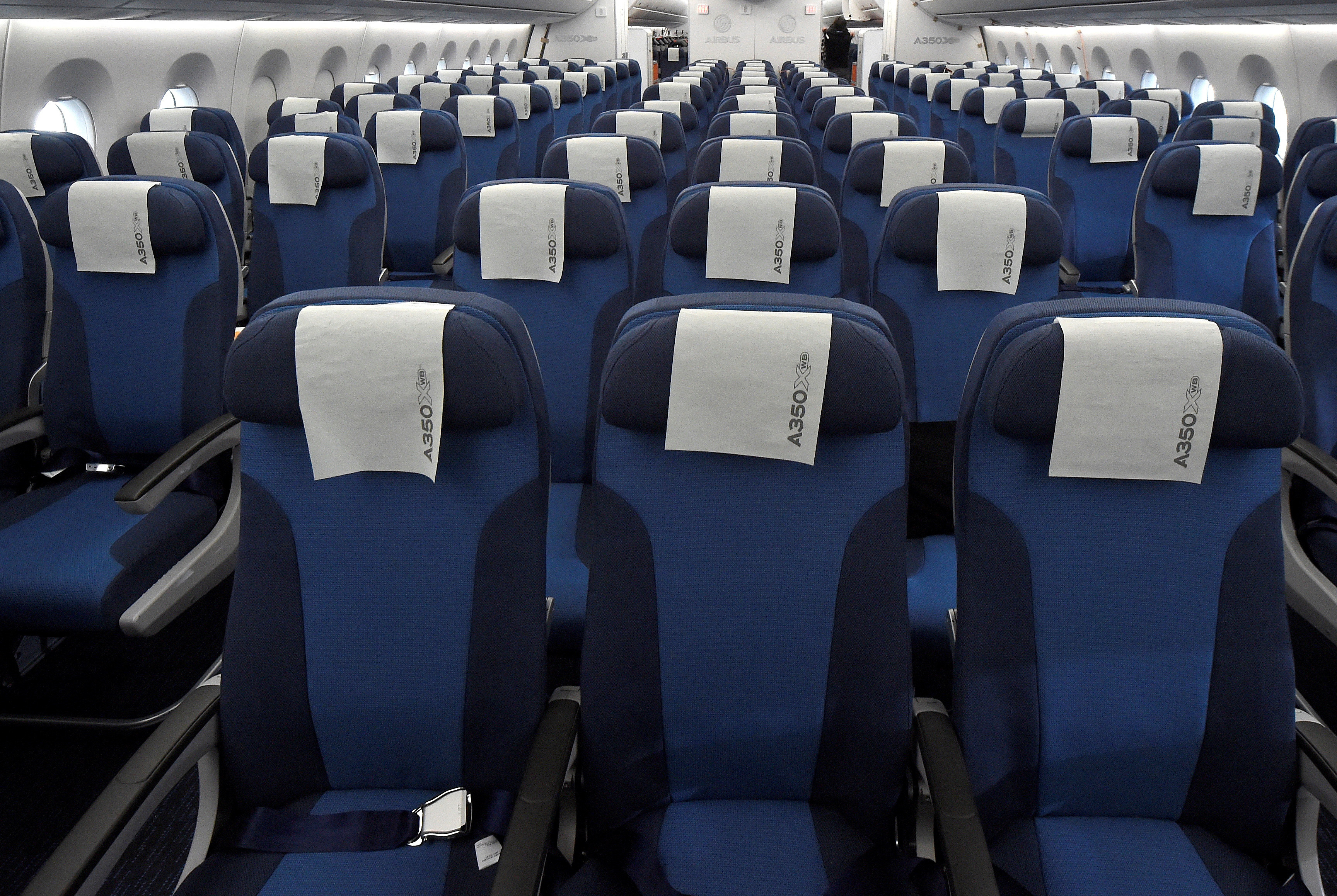 Rows of seats installed on board an Airbus A350