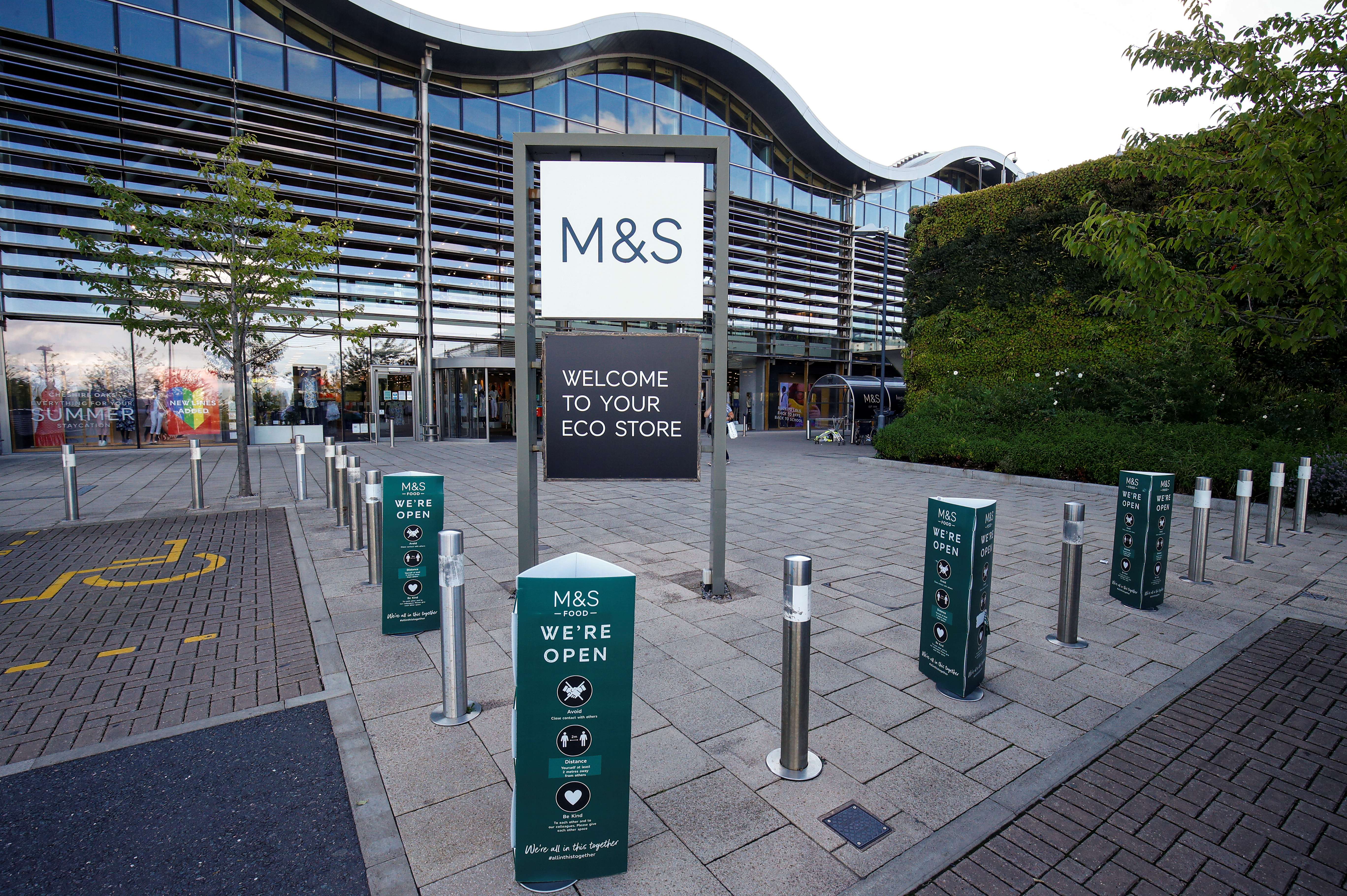 A Marks and Spencer (M&S) logo is seen on the outside of a store in Cheshire
