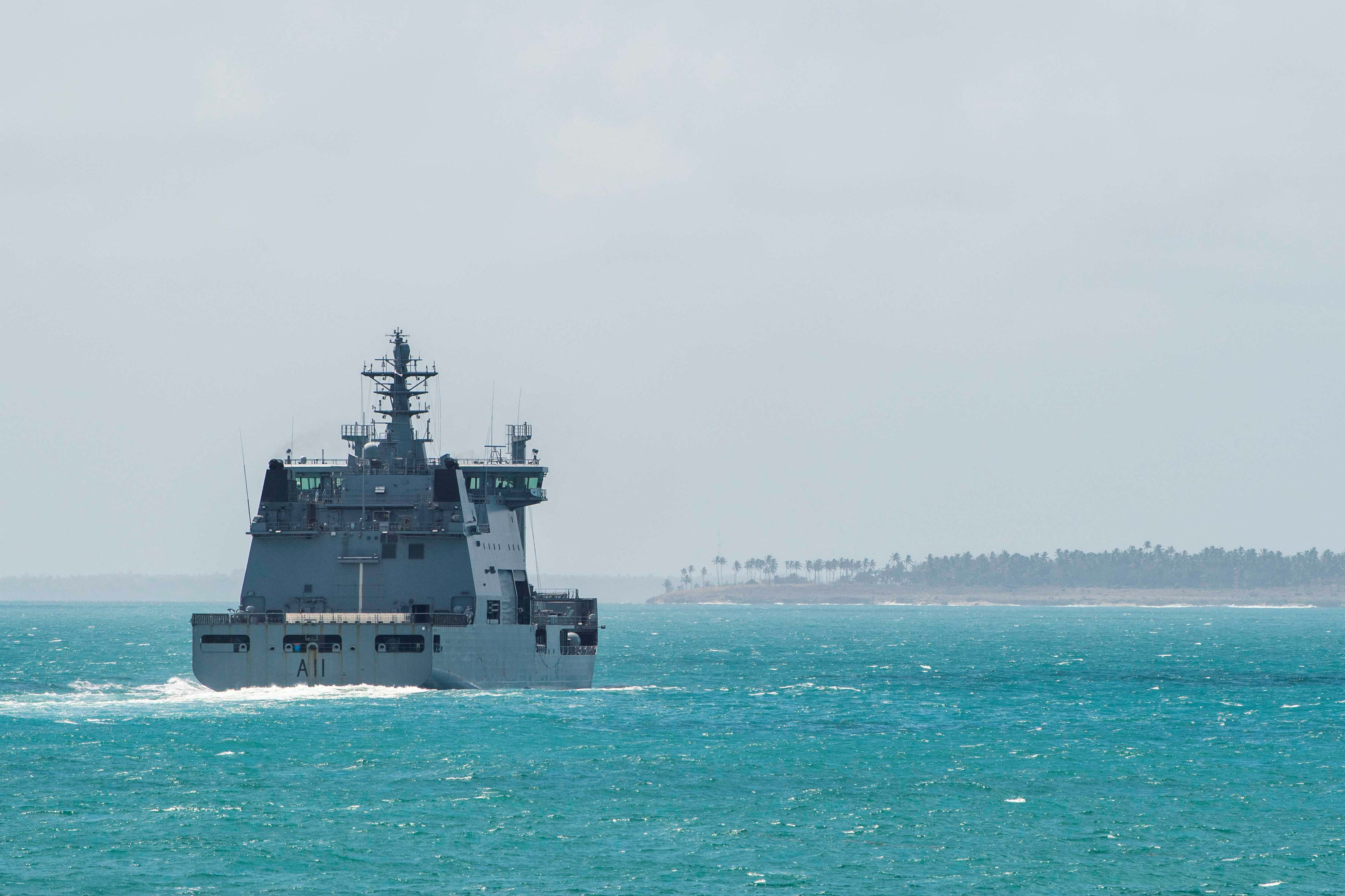 Royal New Zealand Navy's HMNZS Aotearoa sails in the sea off the coast of Tonga