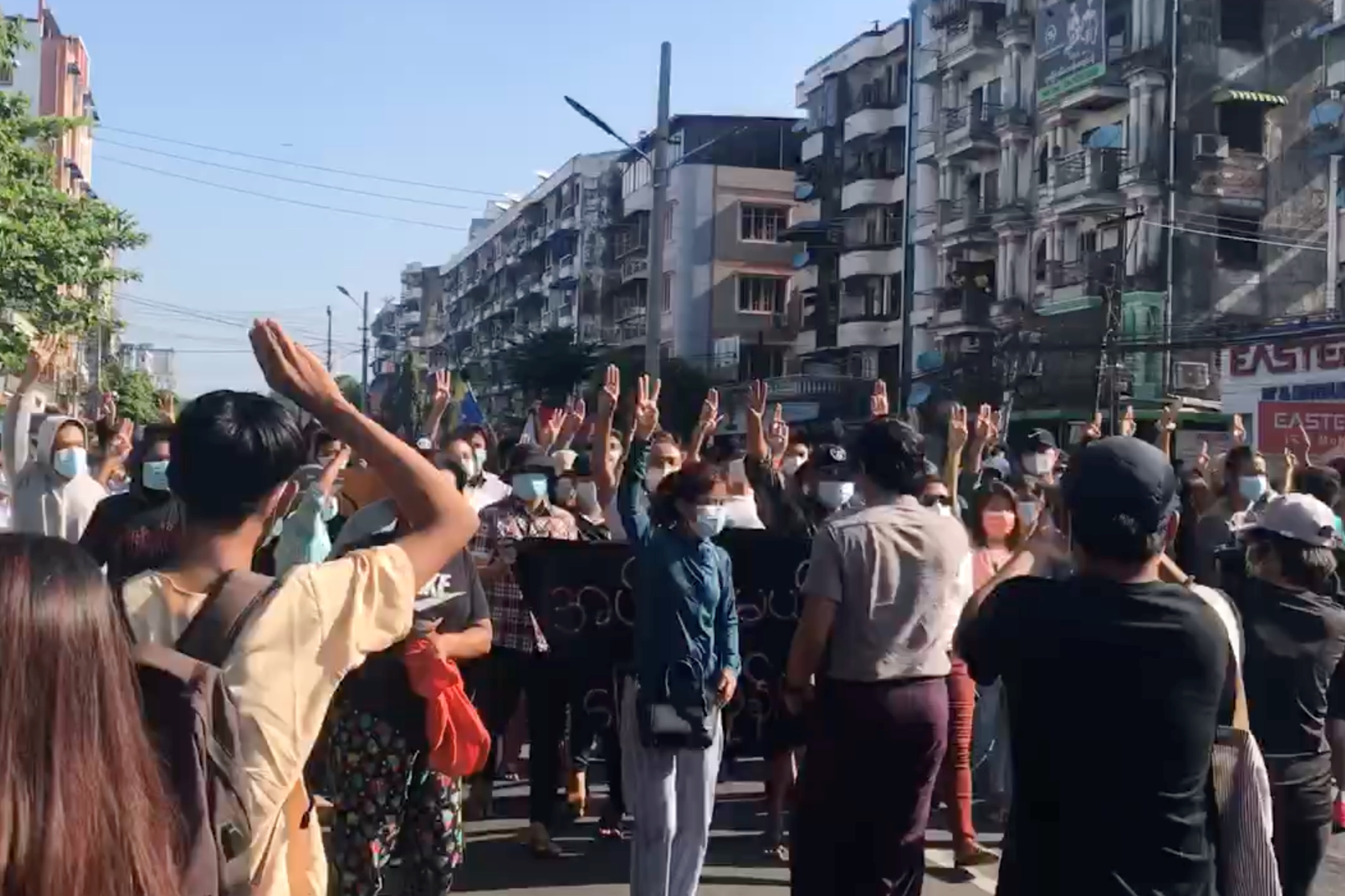 People protest in Hlaing Township, Yangon, Myanmar May 2, 2021, in this still image from a video obtained by Reuters.  