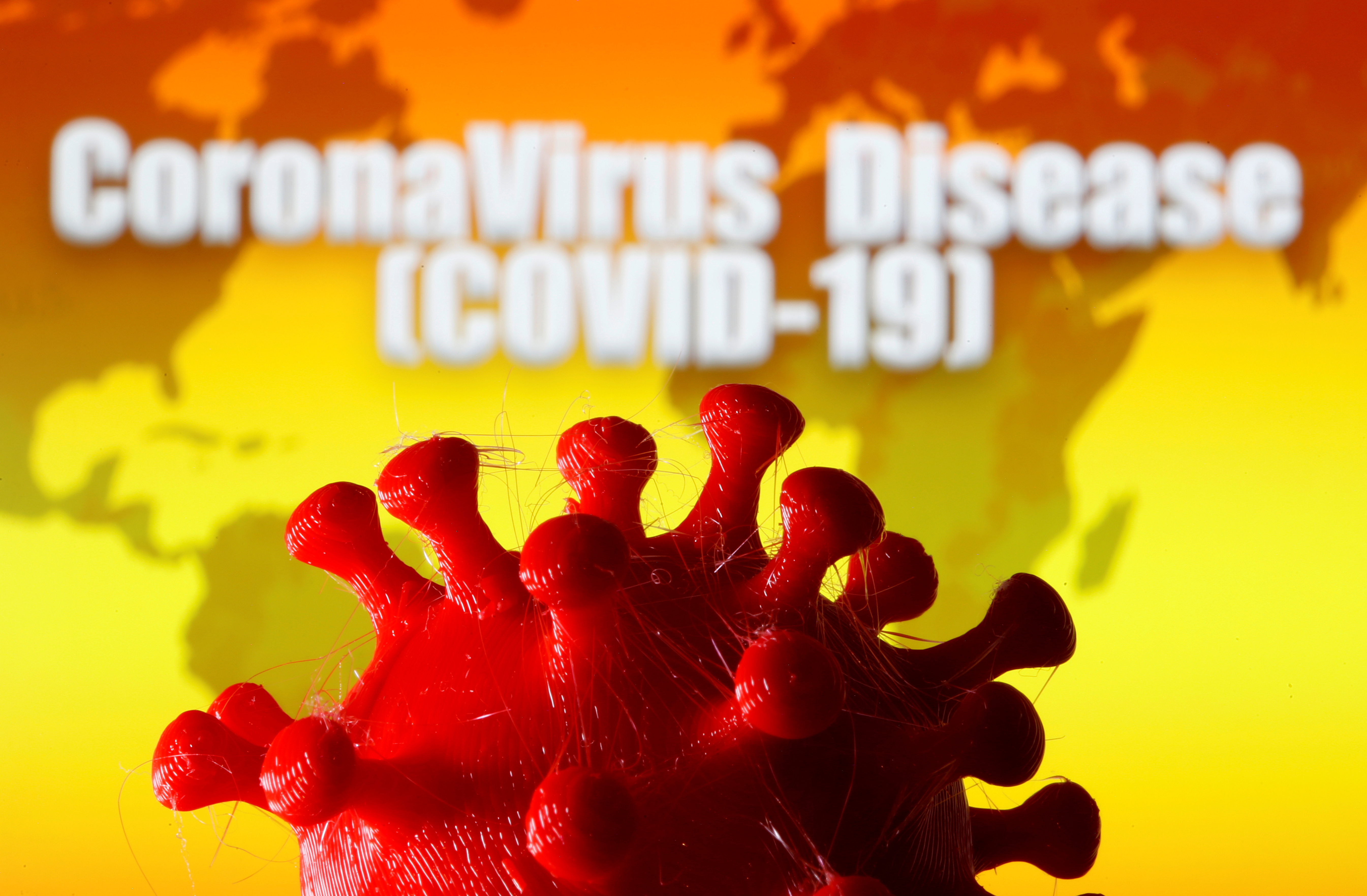 A 3D-printed coronavirus model is seen in front of a world map in this illustration