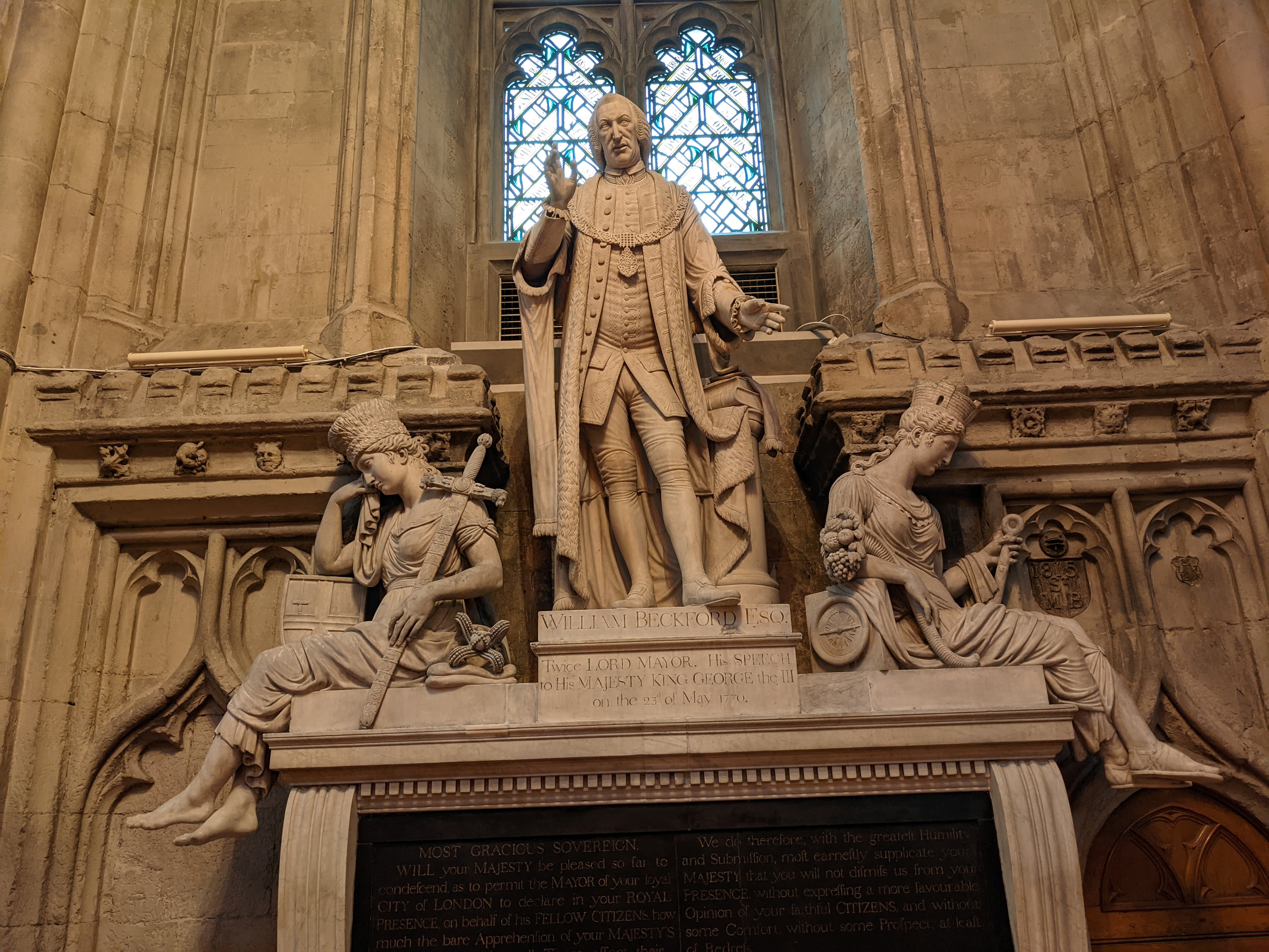 Statue of former twice Lord Mayor of London, William Beckford is seen in the Guildhall