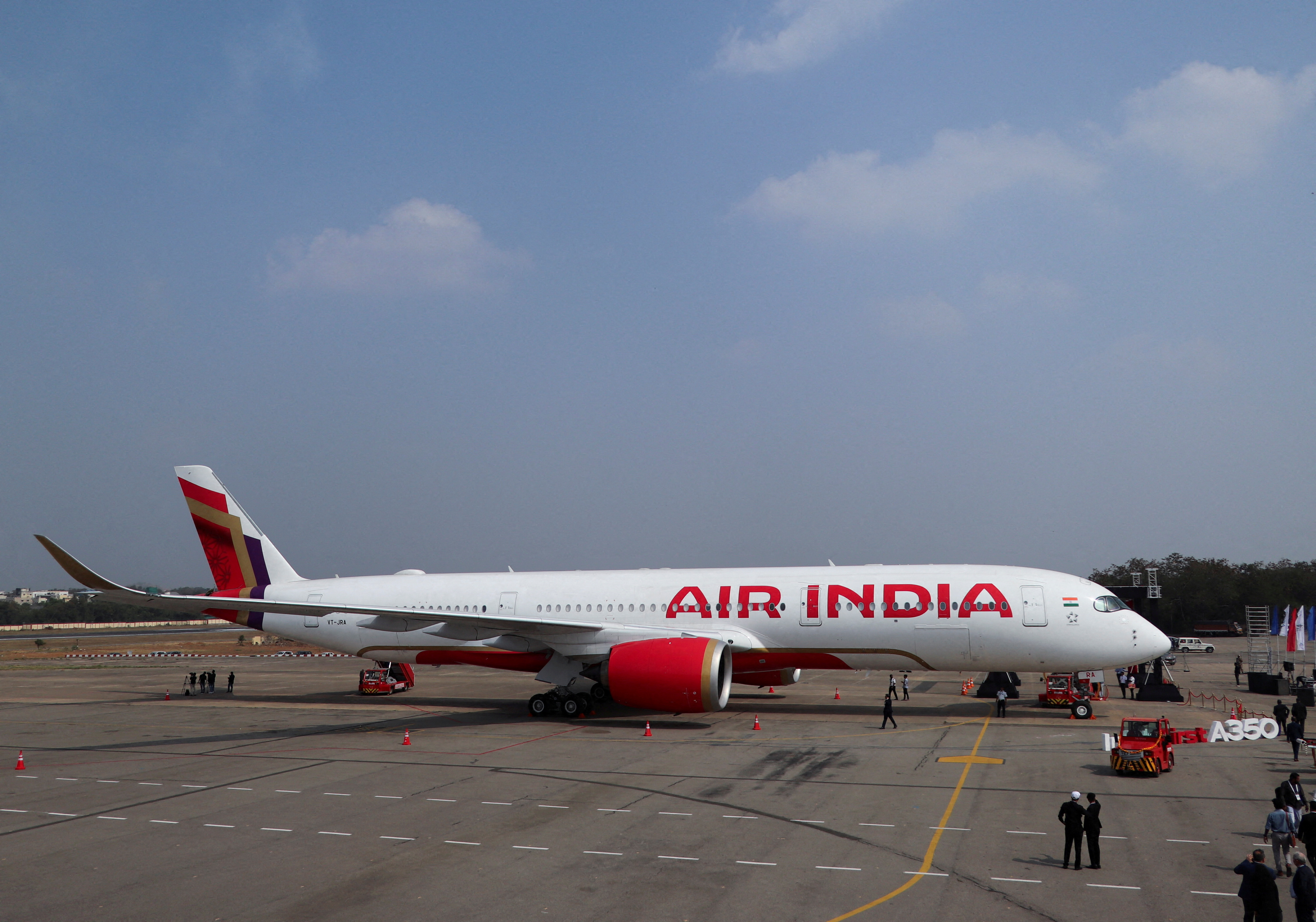 An Air India Airbus A350 aeroplane is displayed at Wings India 2024 aviation at Begumpet airport, Hyderabad