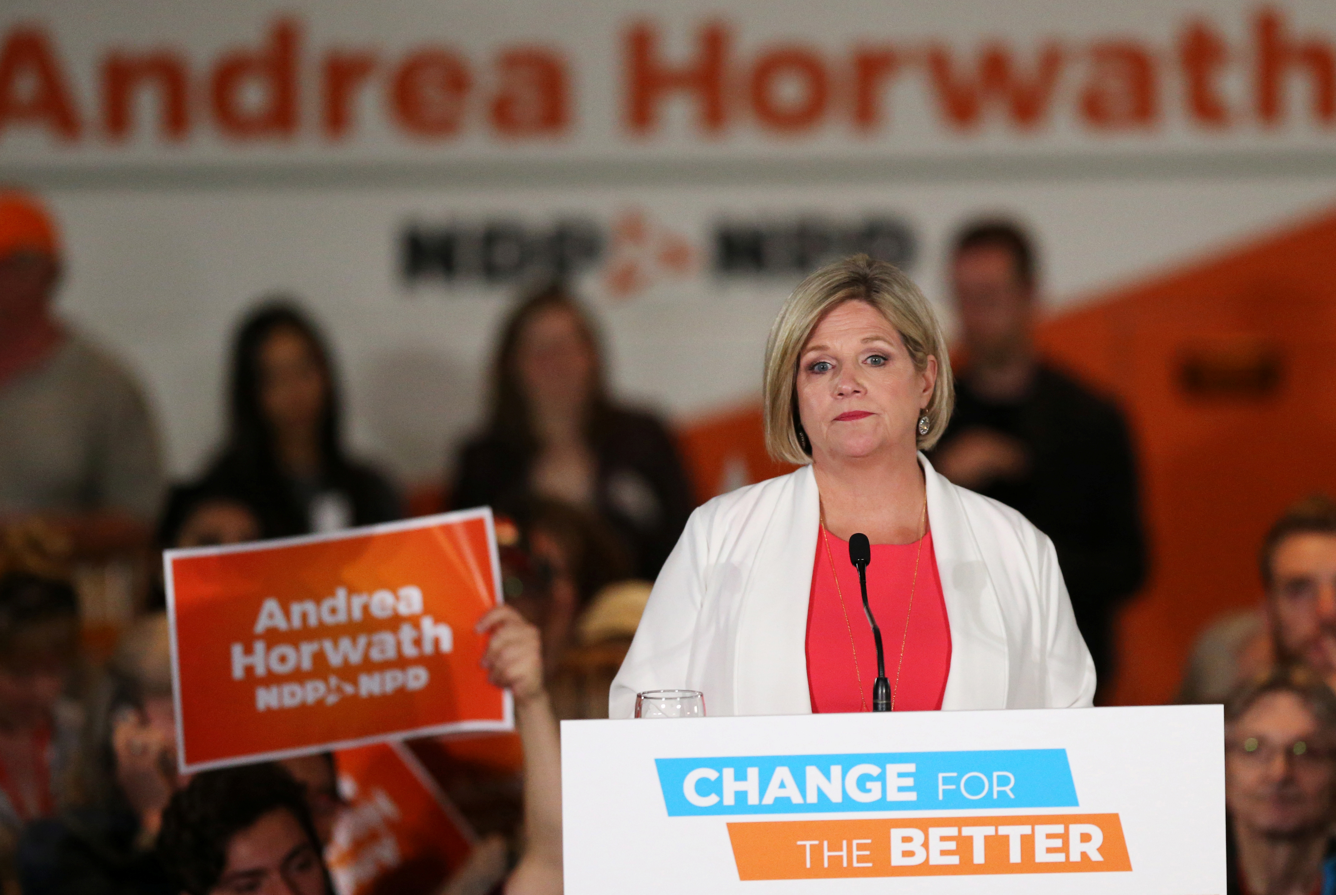 Andrea Horwath, leader of the Ontario New Democratic Party (NDP), speaks after provincial election voting closed, in Hamilton