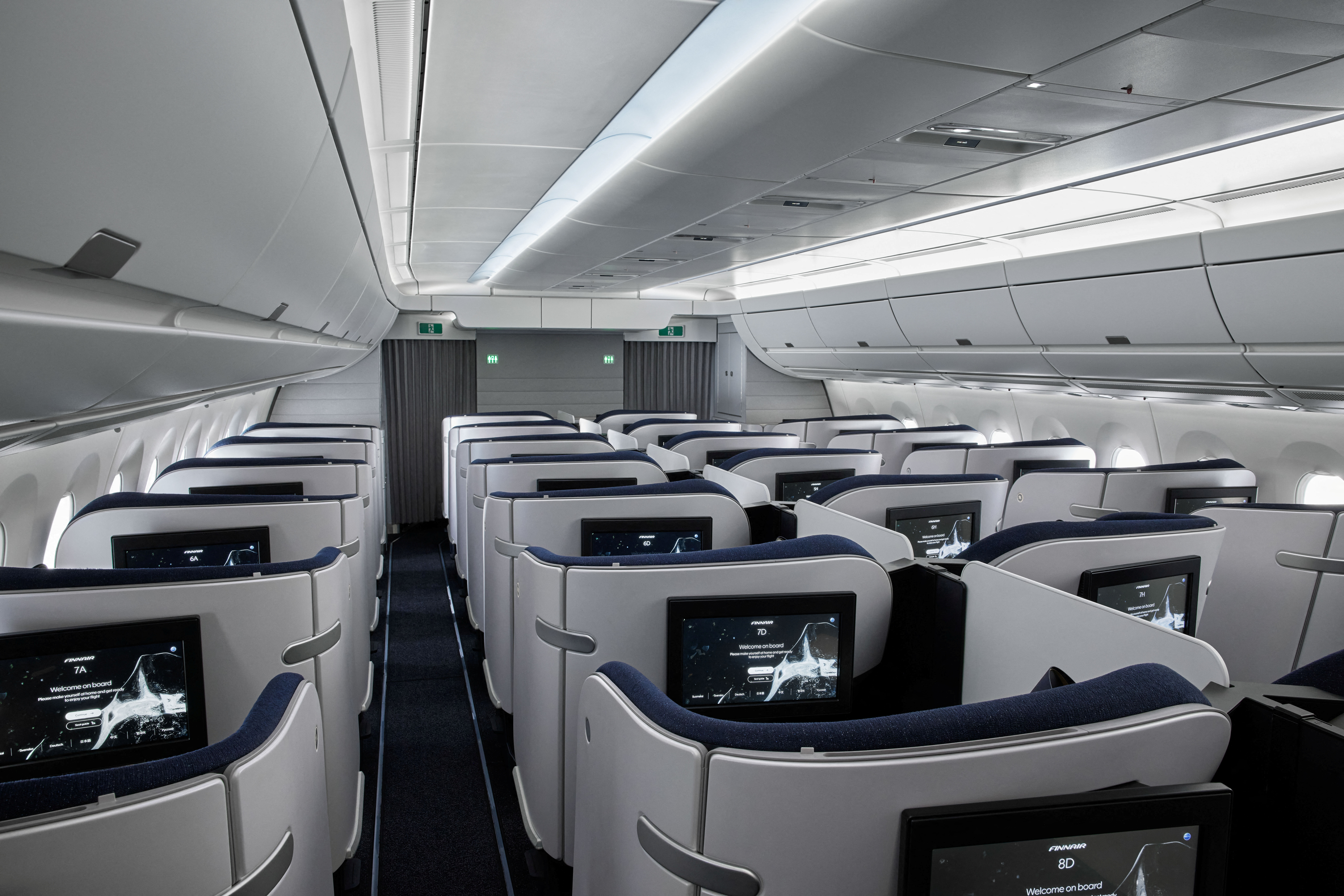 Business class cabin of a Finnair A350 aircraft