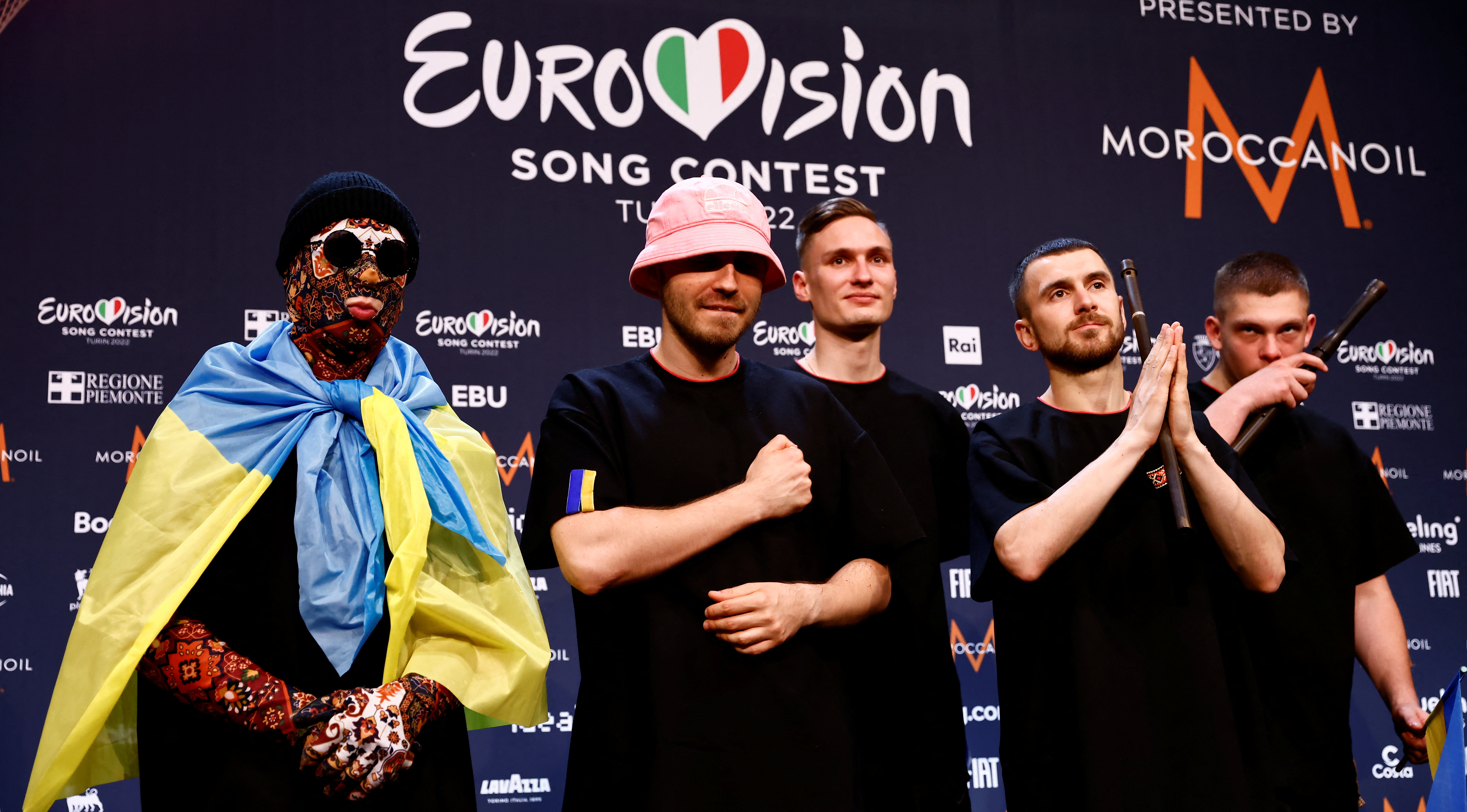 Kalush Orchestra from Ukraine pose for photographers after winning the 2022 Eurovision Song Contest