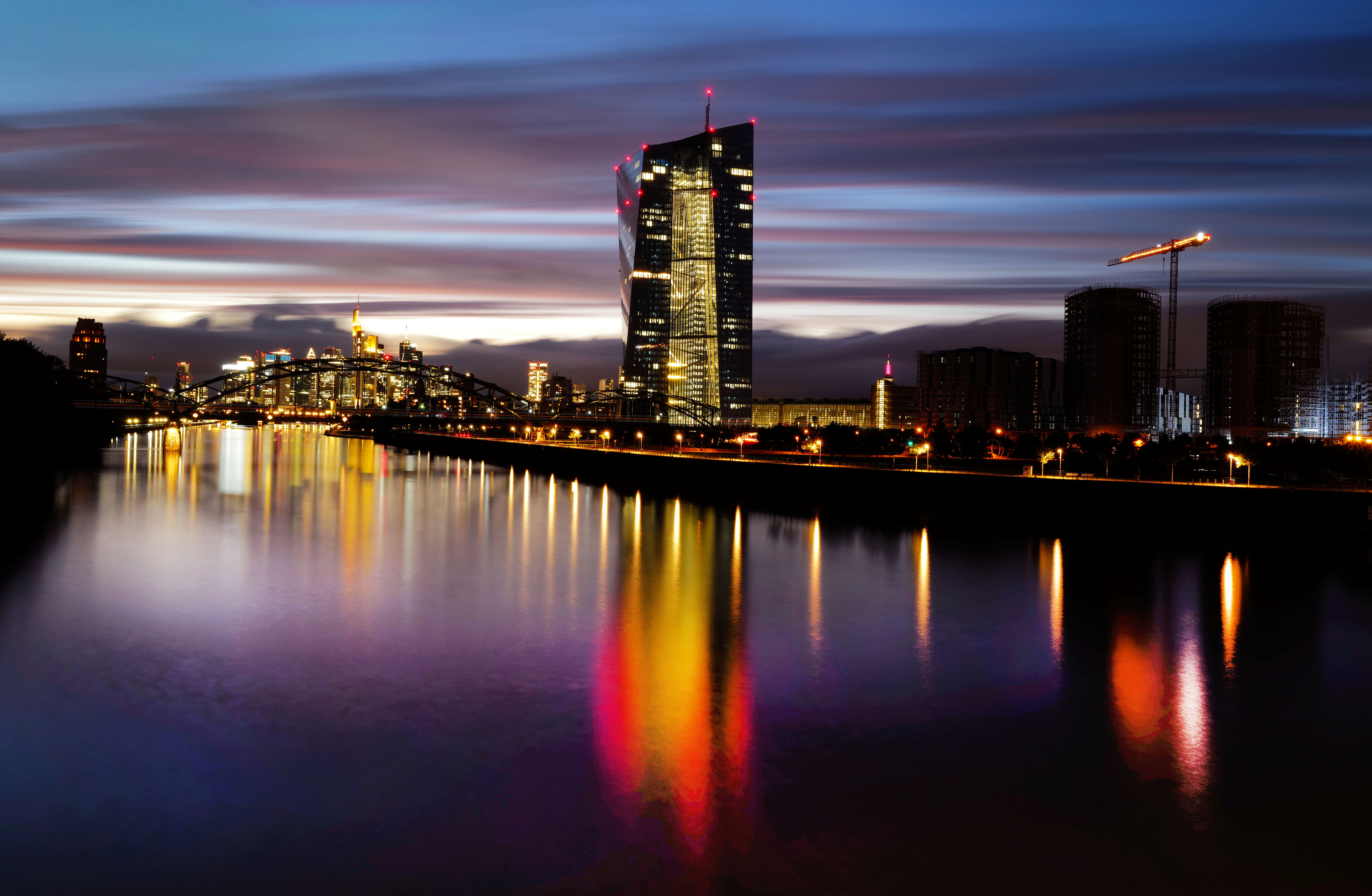 The skyline with the banking district and the headquarters of the European Central Bank (ECB) are photographed in Frankfurt