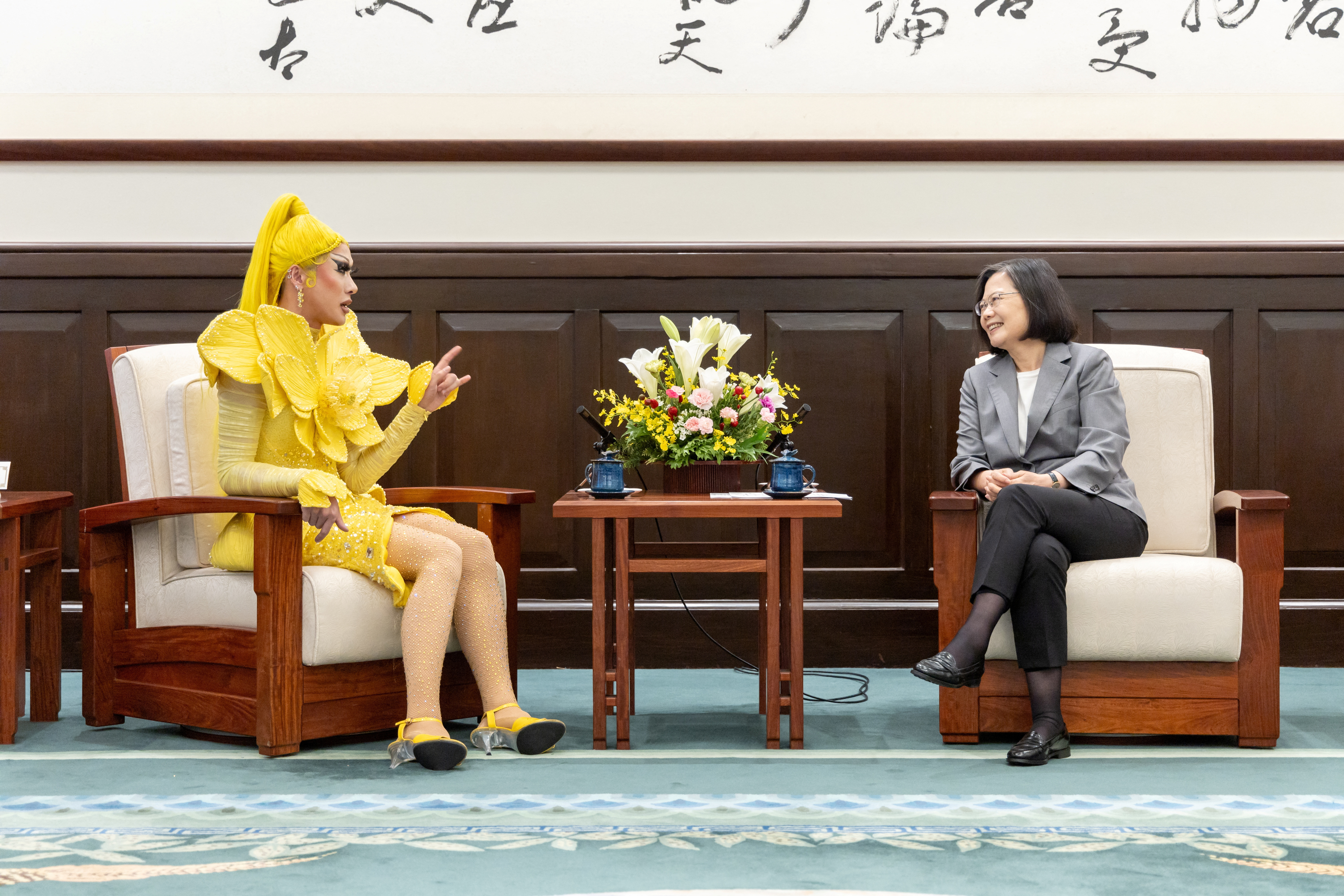 Taiwan's President Tsai meets with drag queen Nymphia Wind at presidential office in Taipei