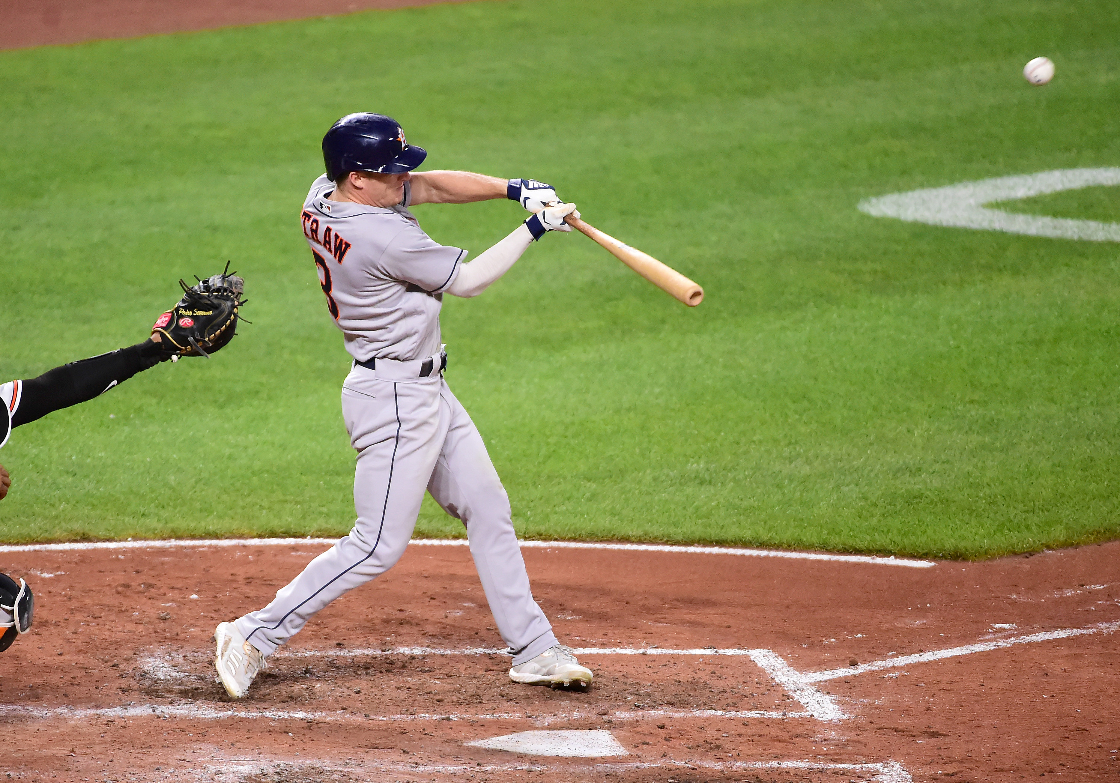 Jun 22, 2021; Baltimore, Maryland, USA; Houston Astros outfielder Myles Straw (3) hits an RBI single in the seventh inning against the Baltimore Orioles at Oriole Park at Camden Yards. Mandatory Credit: Evan Habeeb-USA TODAY Sports