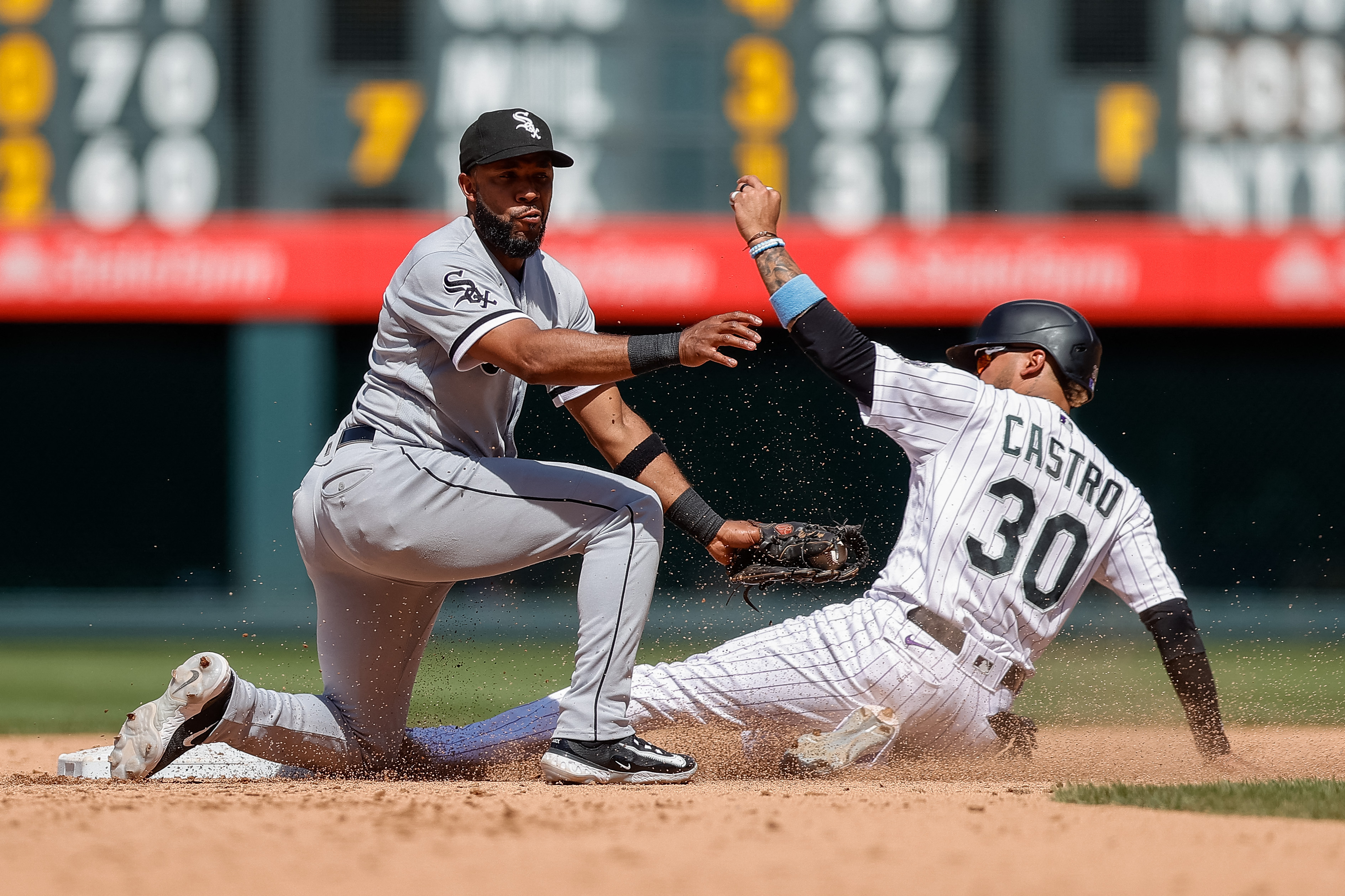 Chicago White Sox third baseman Yoan Moncada (10) swings at the pitch in an  MLB baseball game against the Colorado Rockies, Sunday, Aug. 20, 2023. The  White Sox defeated the Rockies 10-5