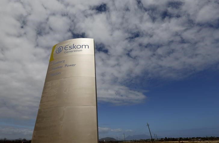 The logo of state power utility Eskom  is seen outside Cape Town's Koeberg nuclear power plant