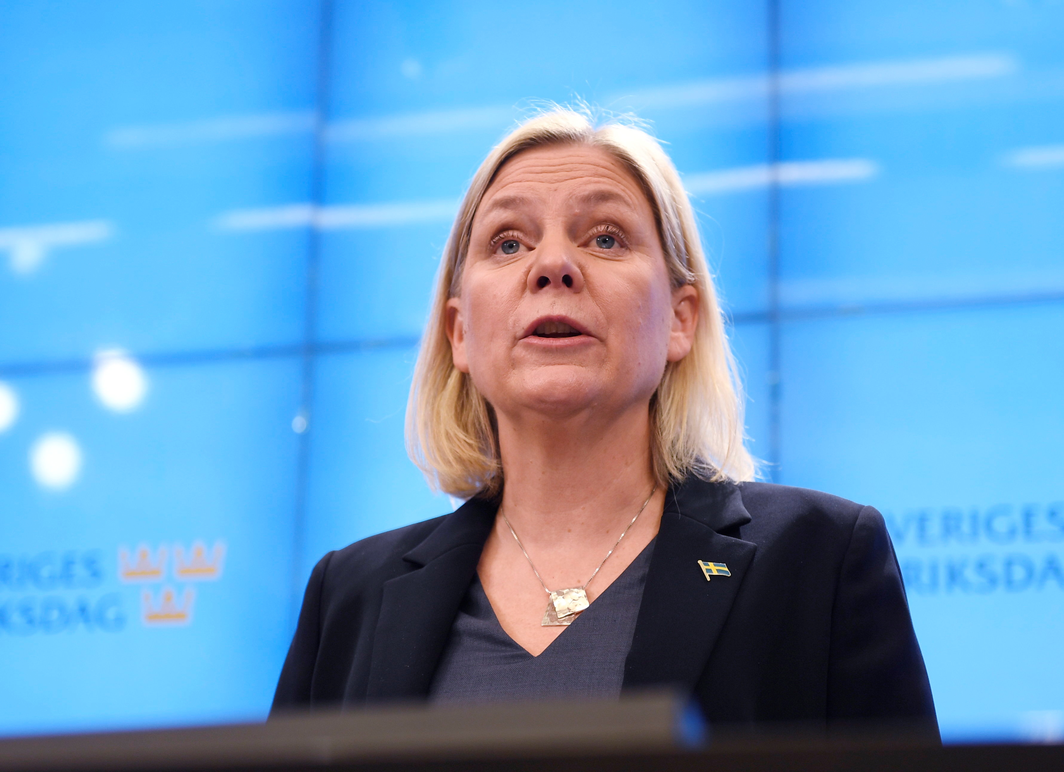 Current Finance Minister and Social Democratic Party leader Magdalena Andersson speaks during press conference after being appointed as new prime minister after a voting iin the Swedish parliament Riksdagen, in Stockholm, Sweden November 29, 2021. Duygu Getiren /TT News Agency/via REUTERS  