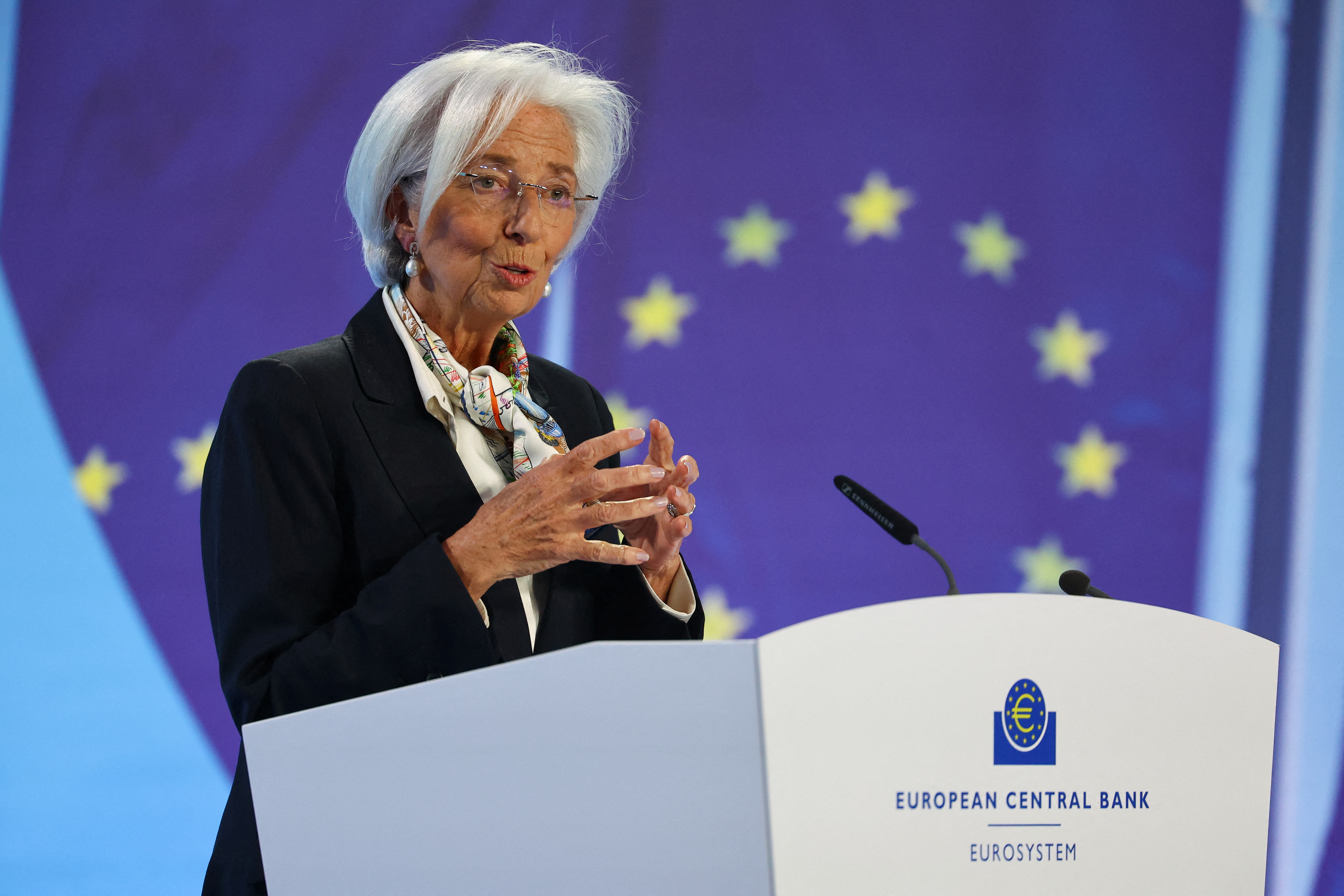 ECB's President Christine Lagarde attends a press conference following monetary policy meeting in Frankfurt