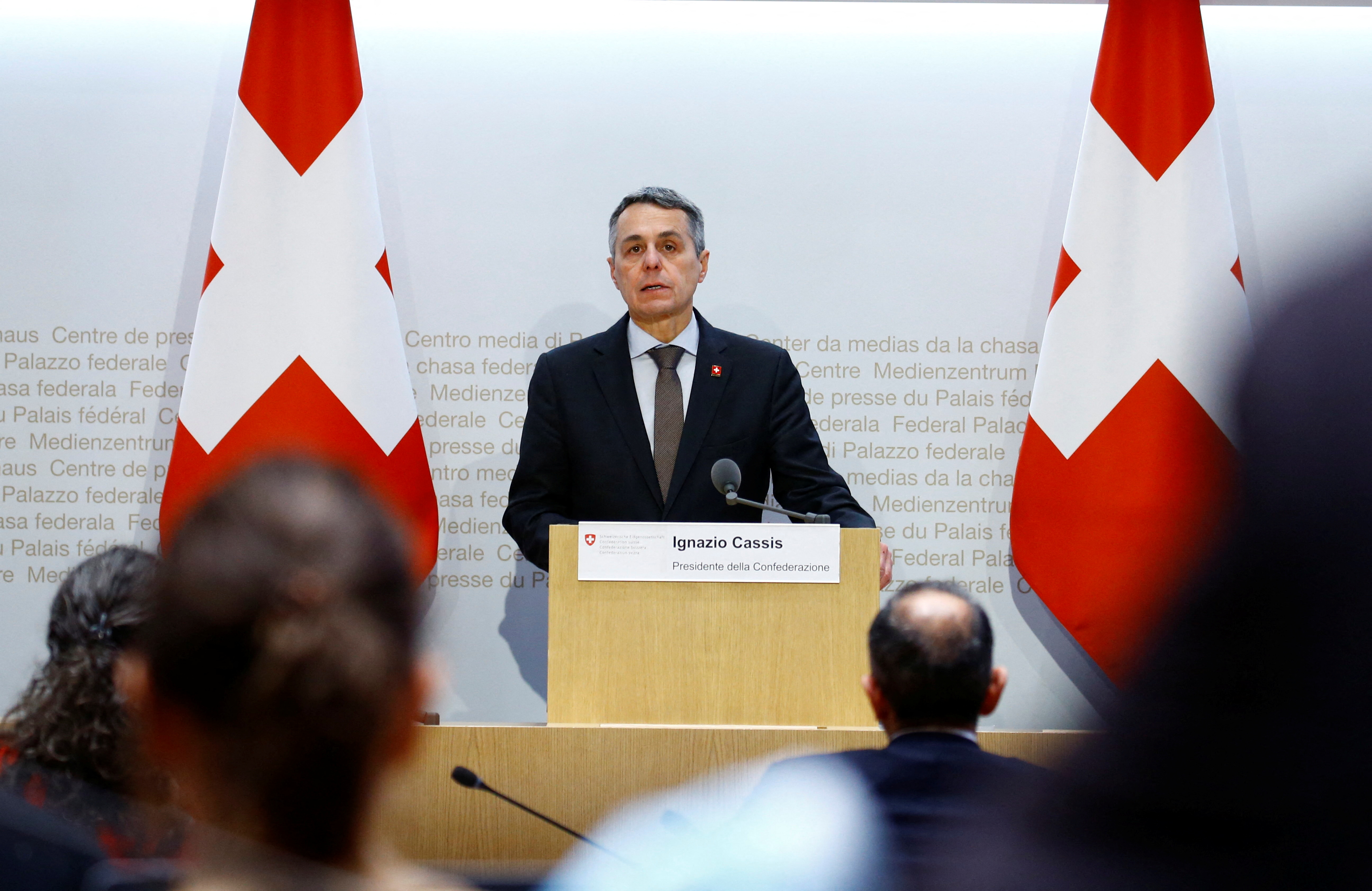 Swiss President Cassis addresses a news conference in Bern