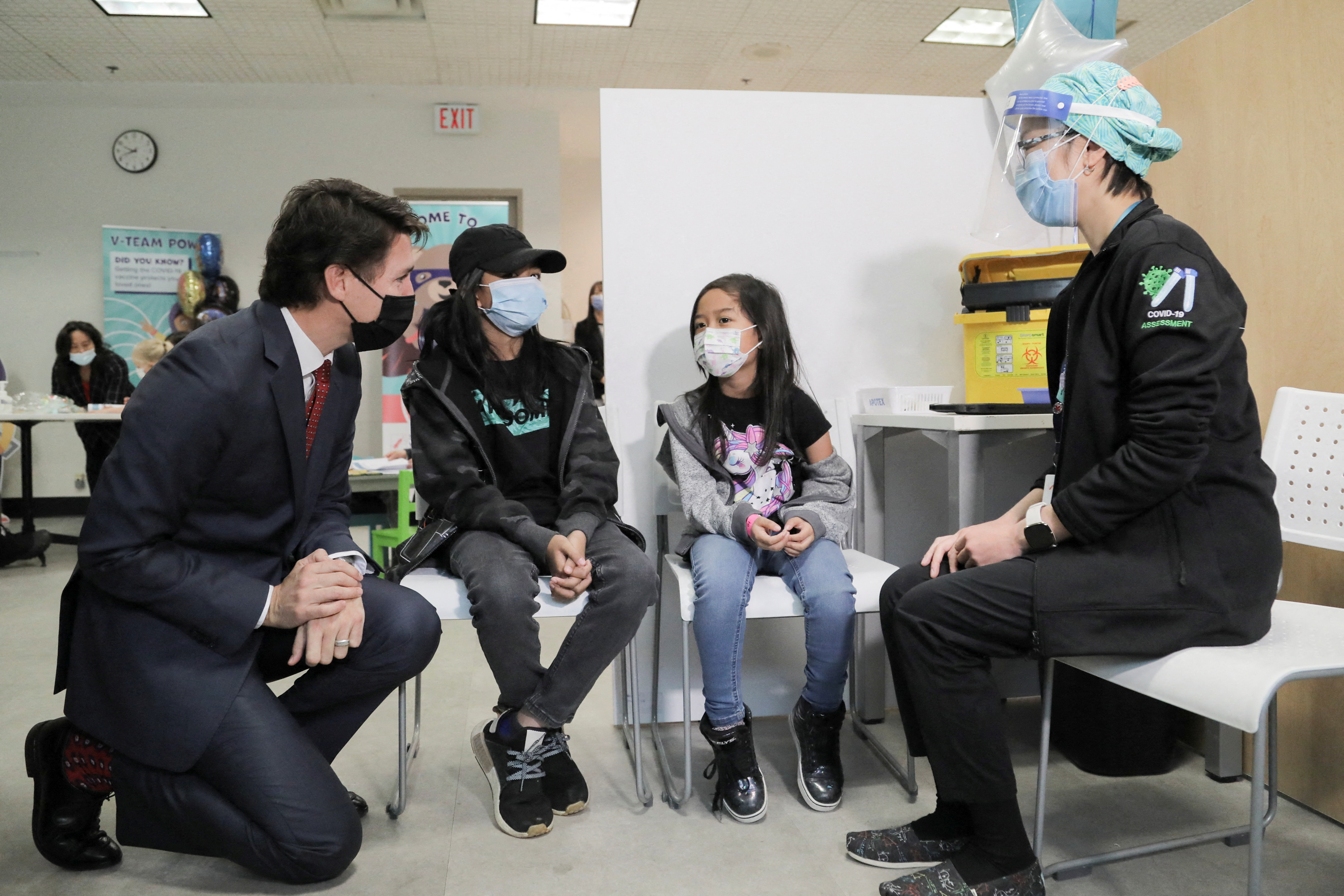 Canada's Prime Minister Justin Trudeau visits a vaccination clinic for children in Scarborough