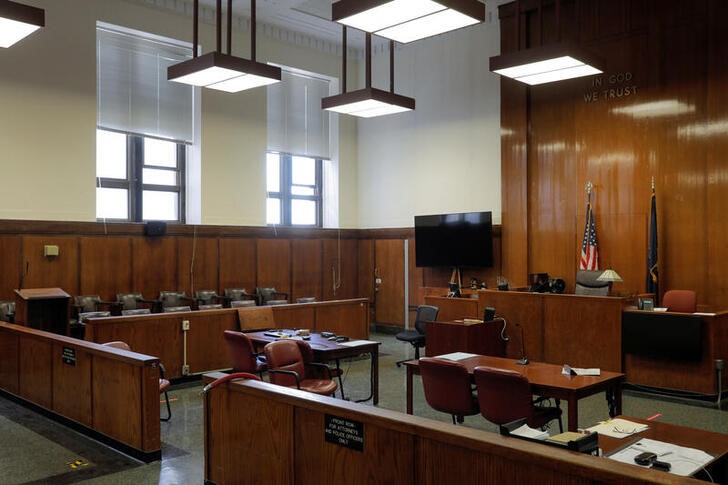 An empty courtroom is seen at the New York State Supreme Court in Manhattan, New York City