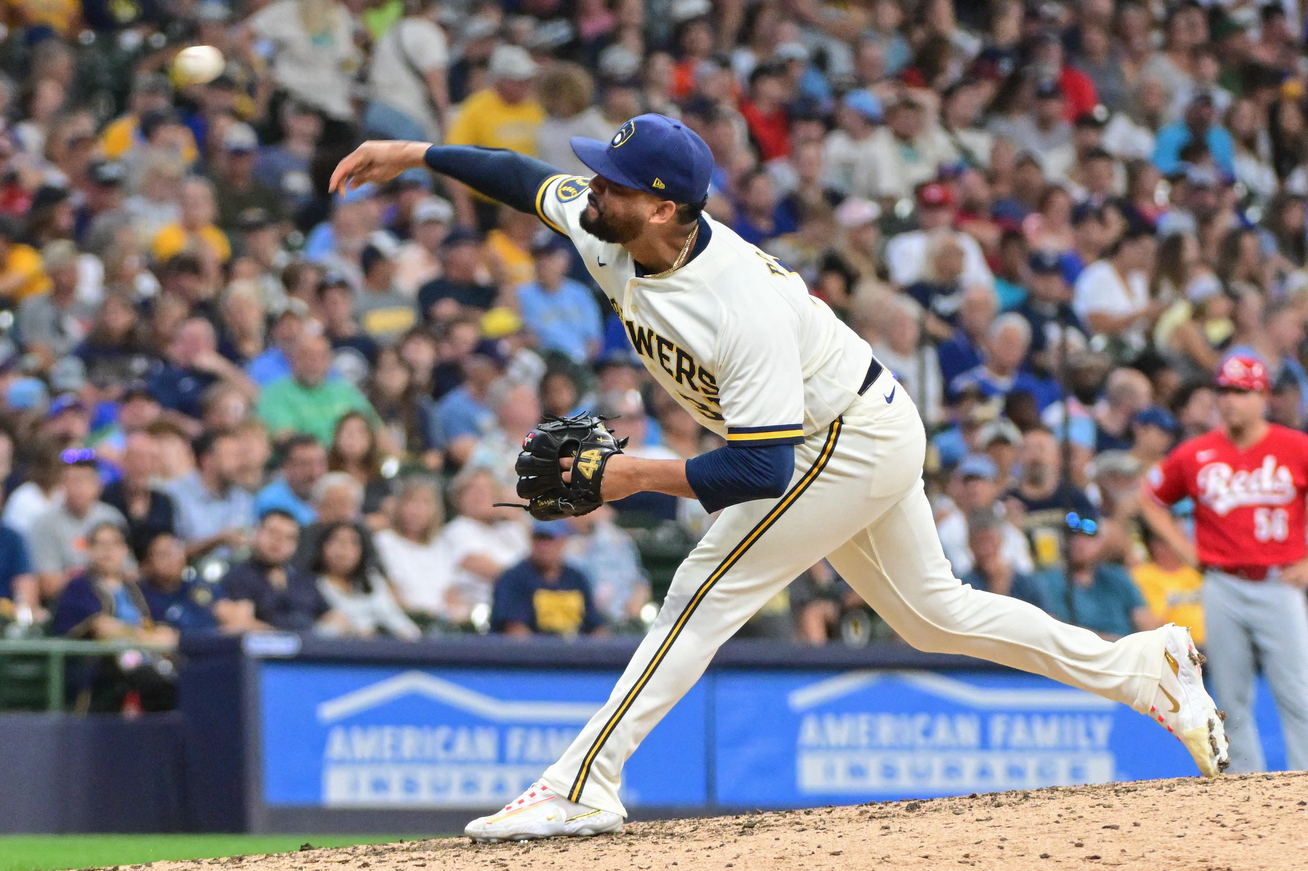 MILWAUKEE, WI - JULY 26: Milwaukee Brewers starting pitcher Freddy Peralta  (51) delivers a pitch during an MLB game against the Cincinnati Reds on  July 26, 2023 at American Family Field in