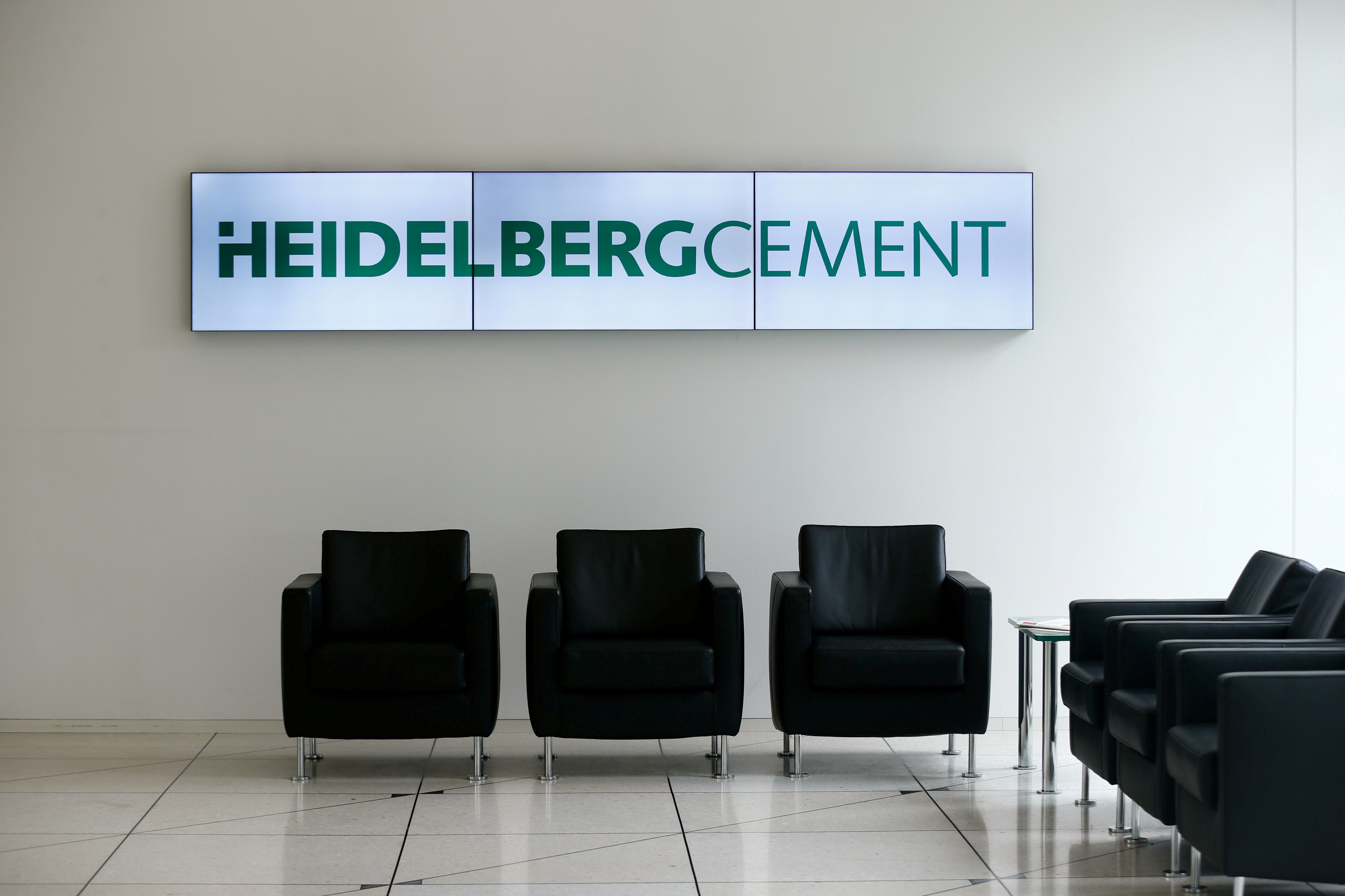 A logo of HeidelbergCement is pictured at their headquarters in Heidelberg