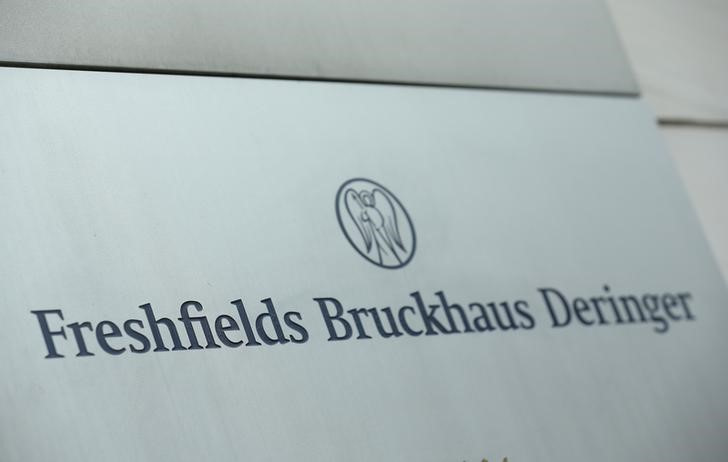 A nameplate of the Freshfields Bruckhaus Deringer LLP office is pictured in Frankfurt