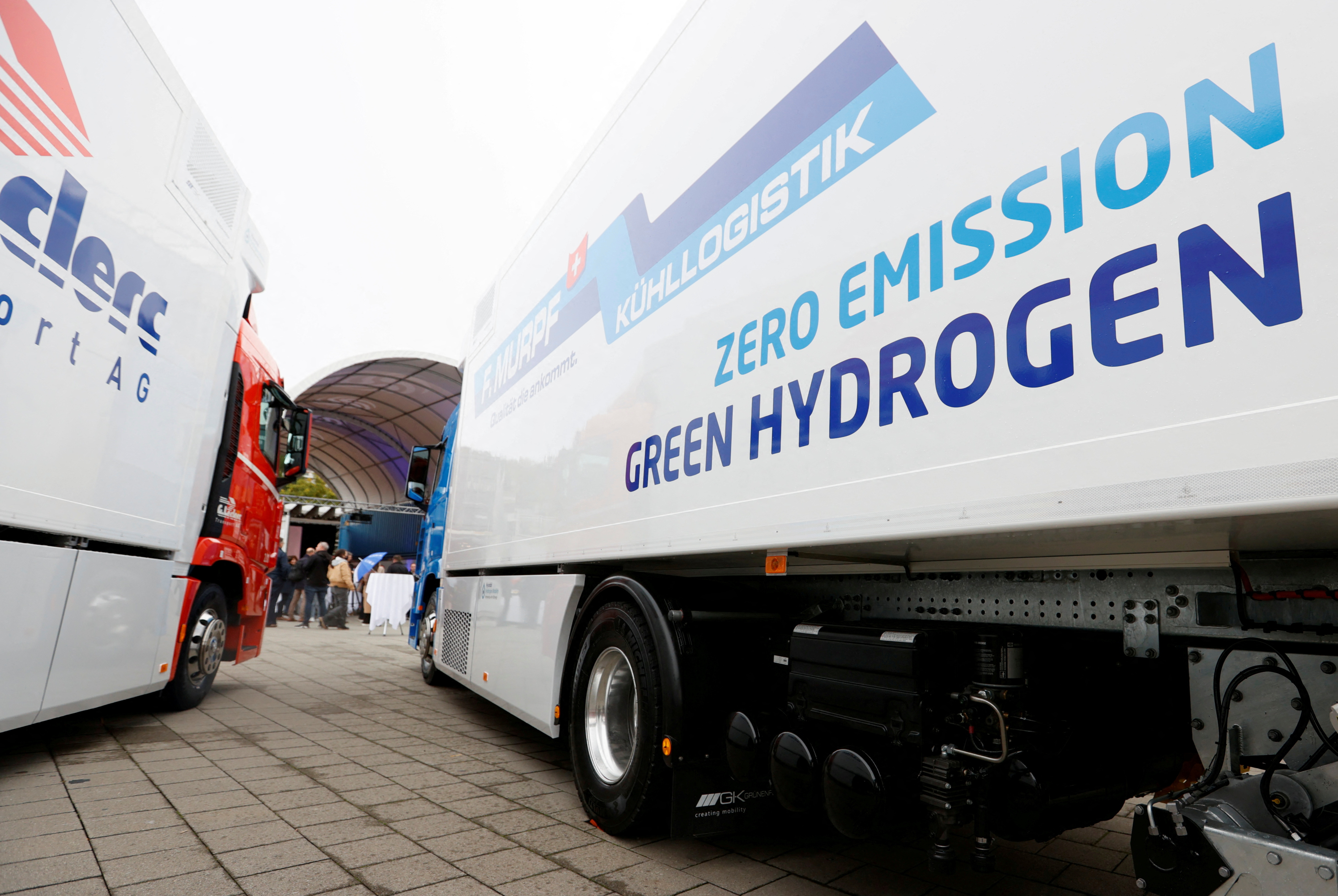 New hydrogen fuel cell truck made by Hyundai is displayed in Luzern