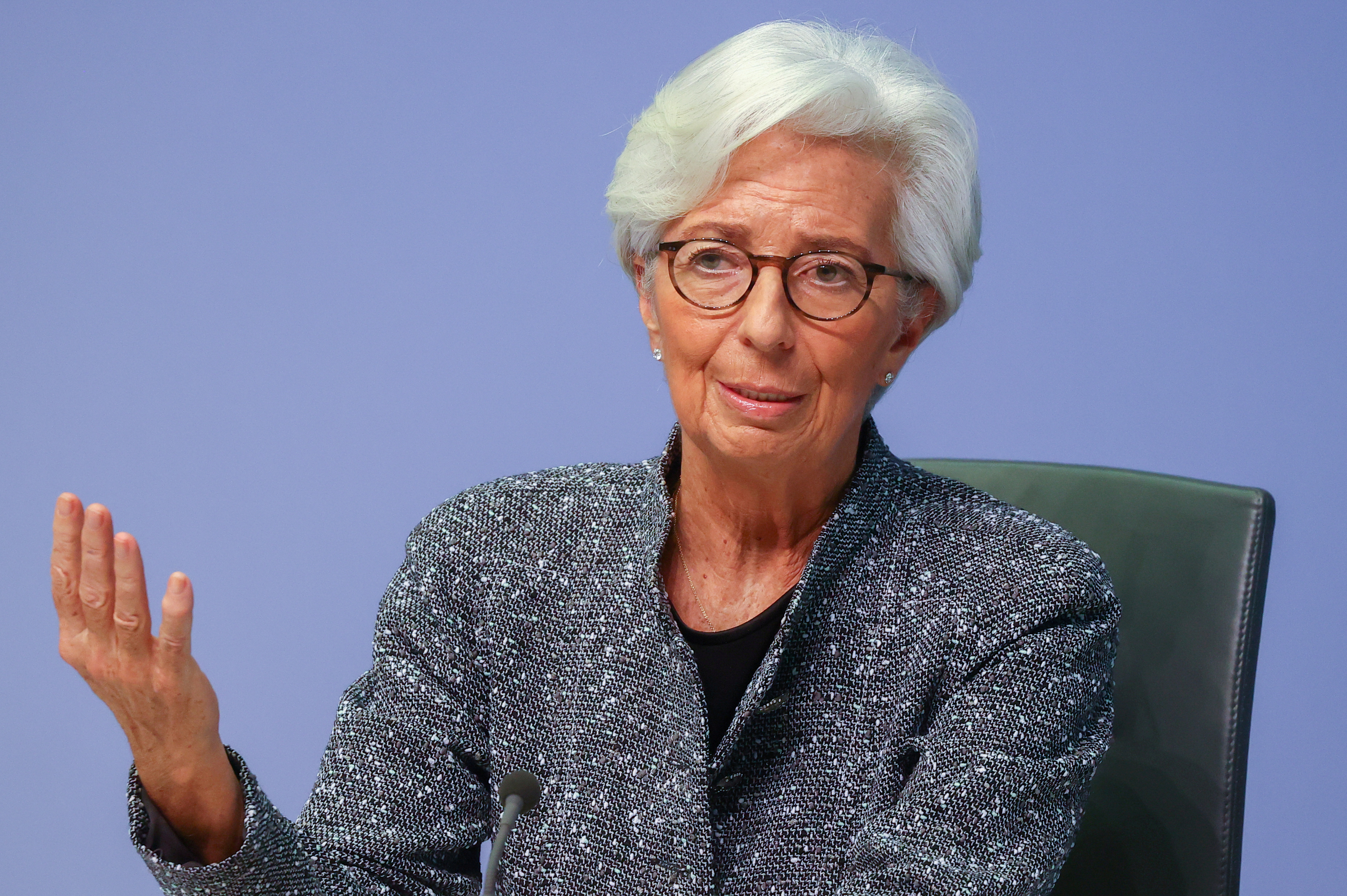 European Central Bank (ECB) President Christine Lagarde gestures as she addresses a news conference on the outcome of the meeting of the Governing Council, in Frankfurt