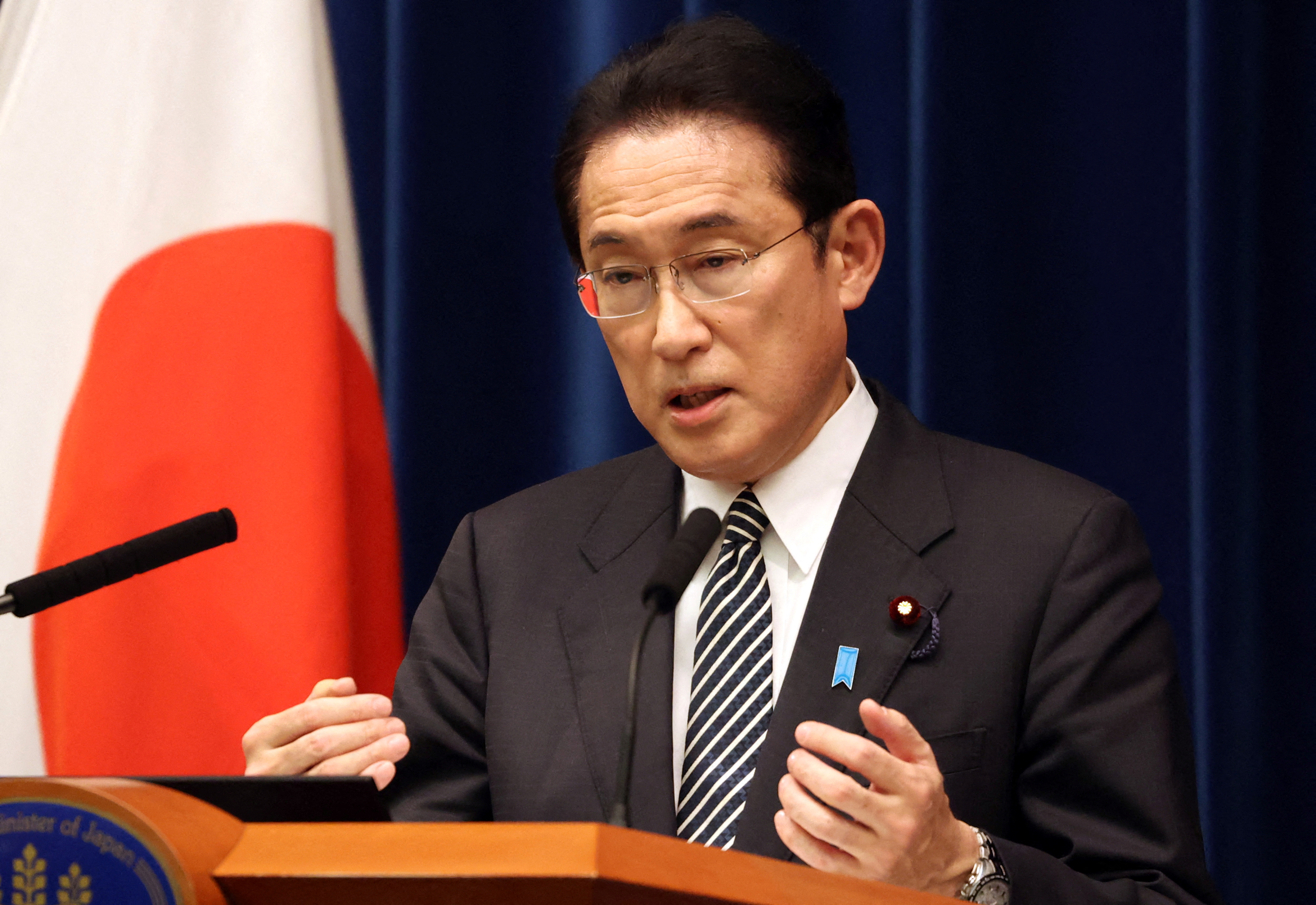 Japanese Prime Minister Fumio Kishida speaks before the media at his official residence in Tokyo