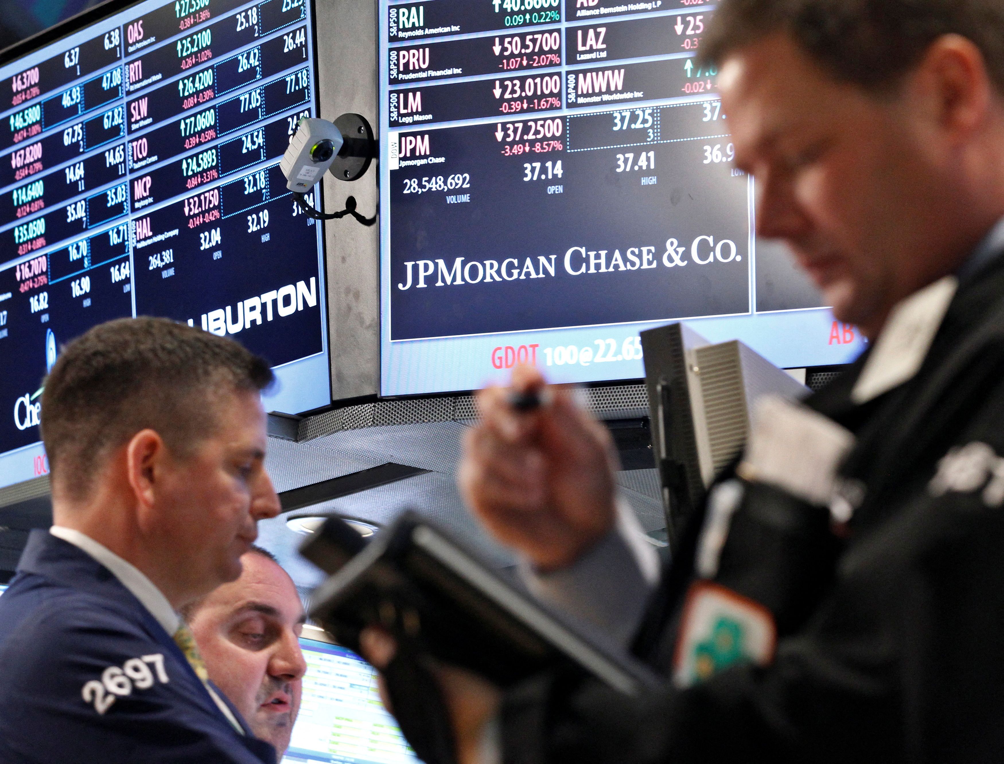 Traders work at the post that trades JP Morgan on the floor of the New York Stock Exchange