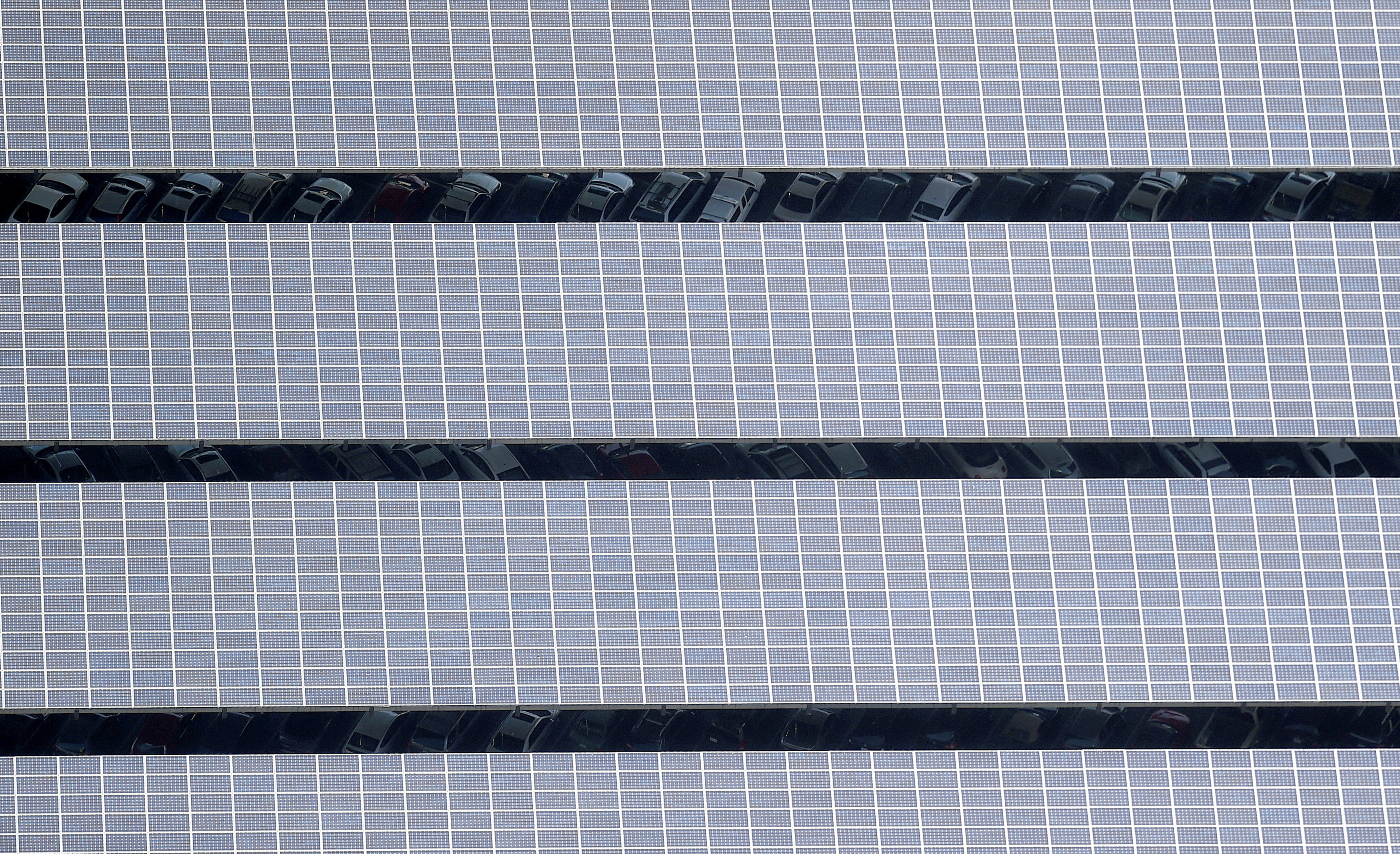 Solar panels are seen on the roof of a car park in Mountain View