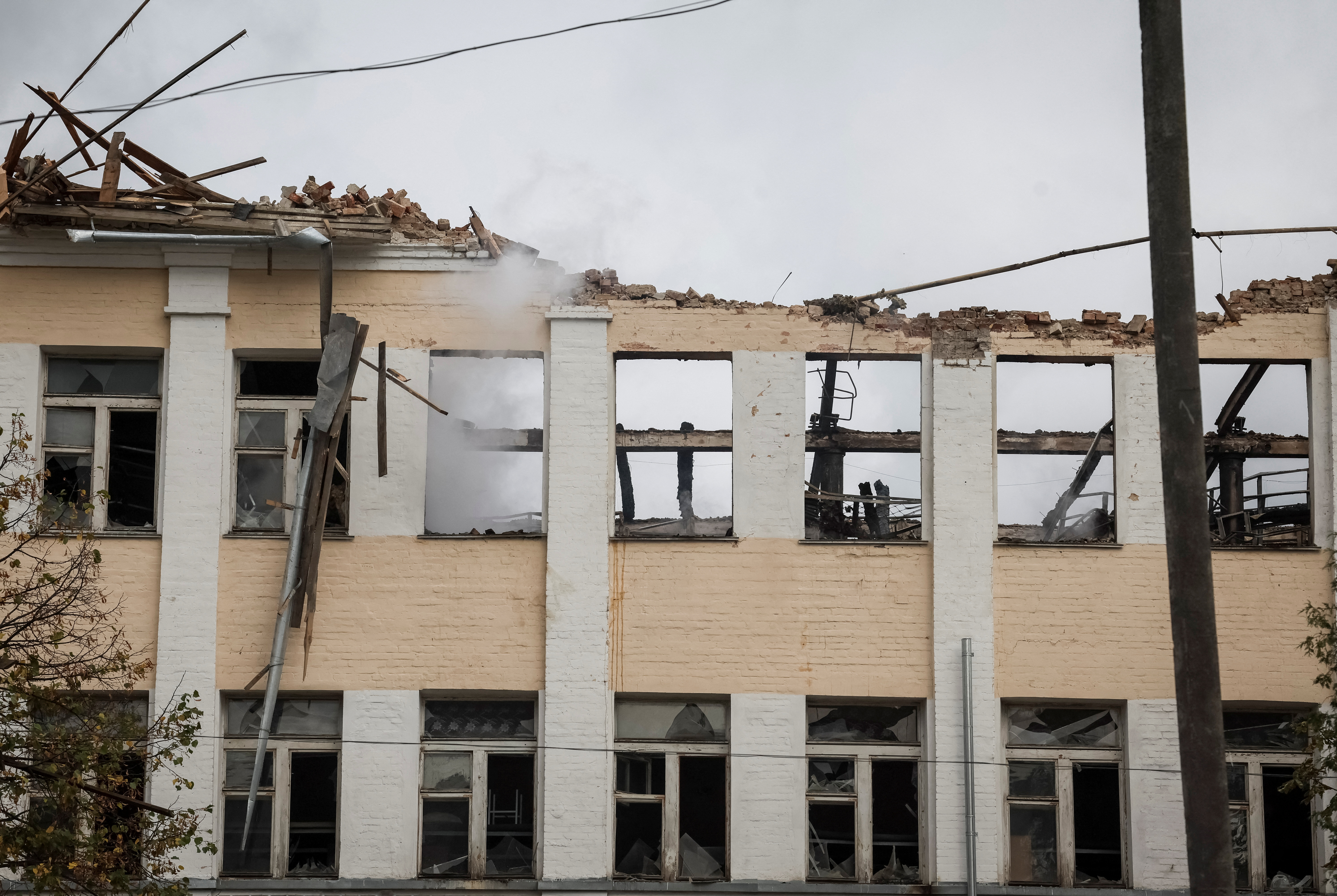 A view shows a building damaged by a Russian suicide drones strike in Bila Tserkva