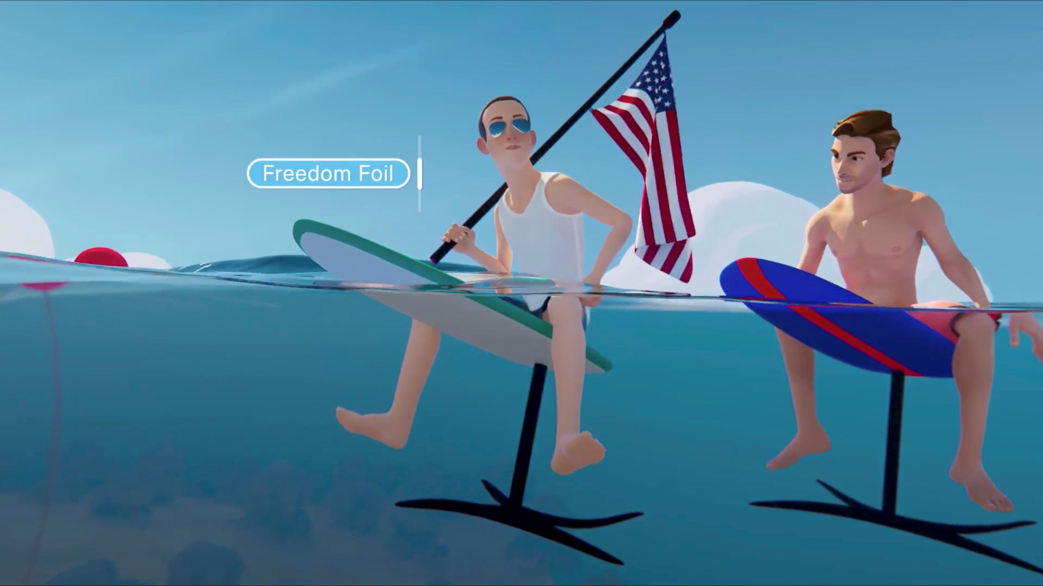 An avatar of Facebook CEO Mark Zuckerberg is seen carrying a U.S. flag while riding a hydrofoil in the 