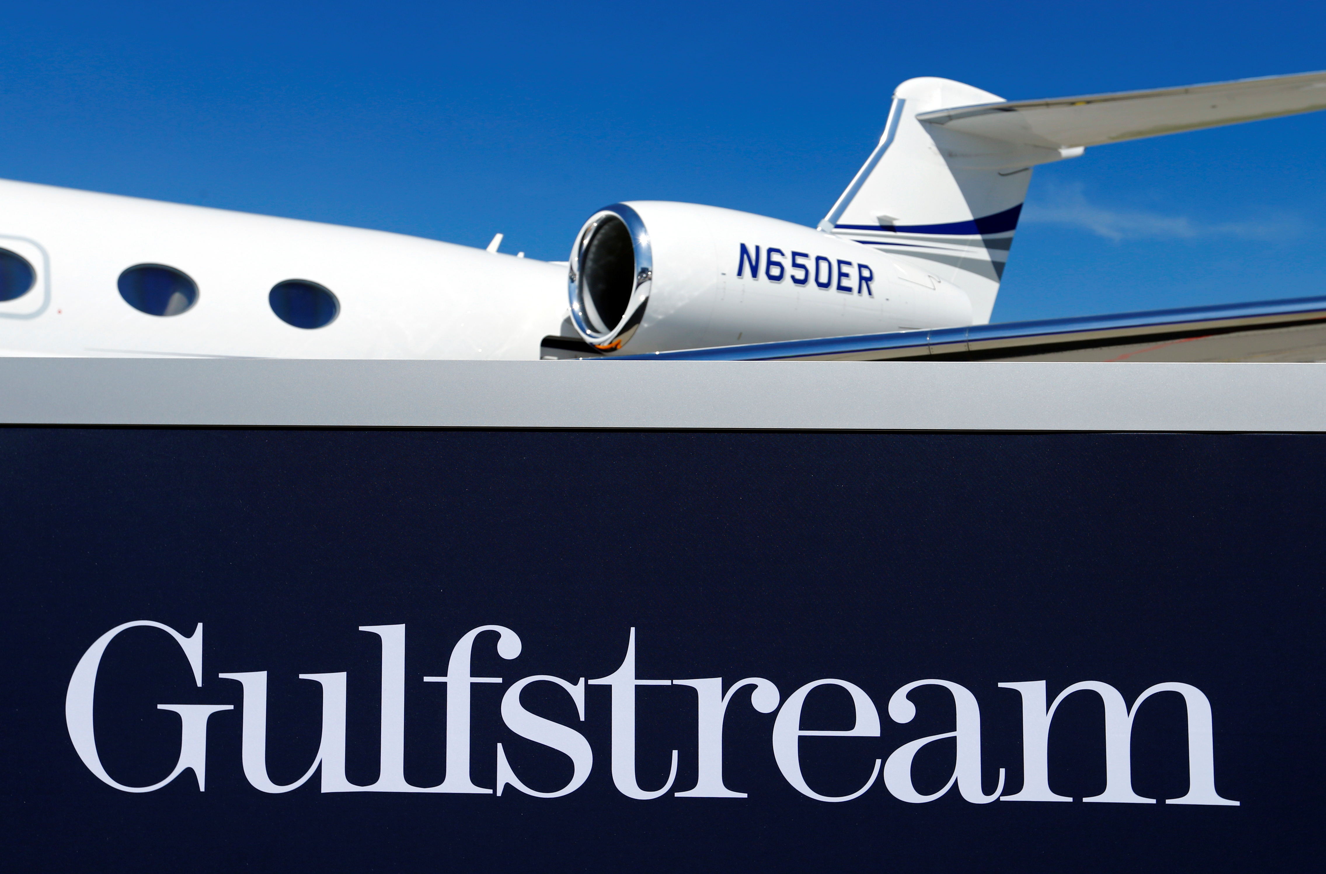 A logo of jet manufacturer Gulfstream is pictured on their booth during EBACE in Geneva