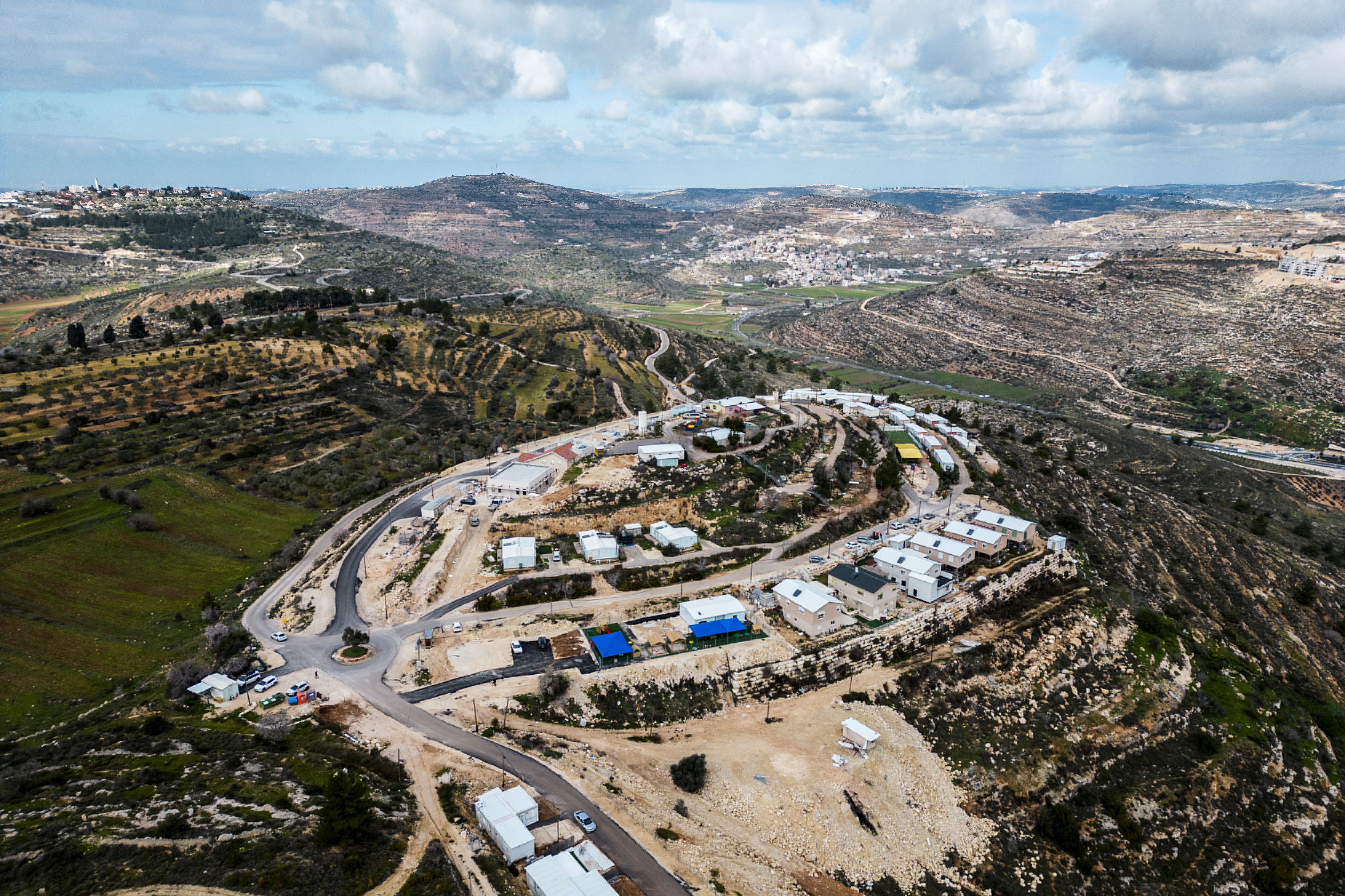 An aerial view shows mobile homes in the Jewish settlement of Givat Haroeh in the Israeli-occupied West Bank
