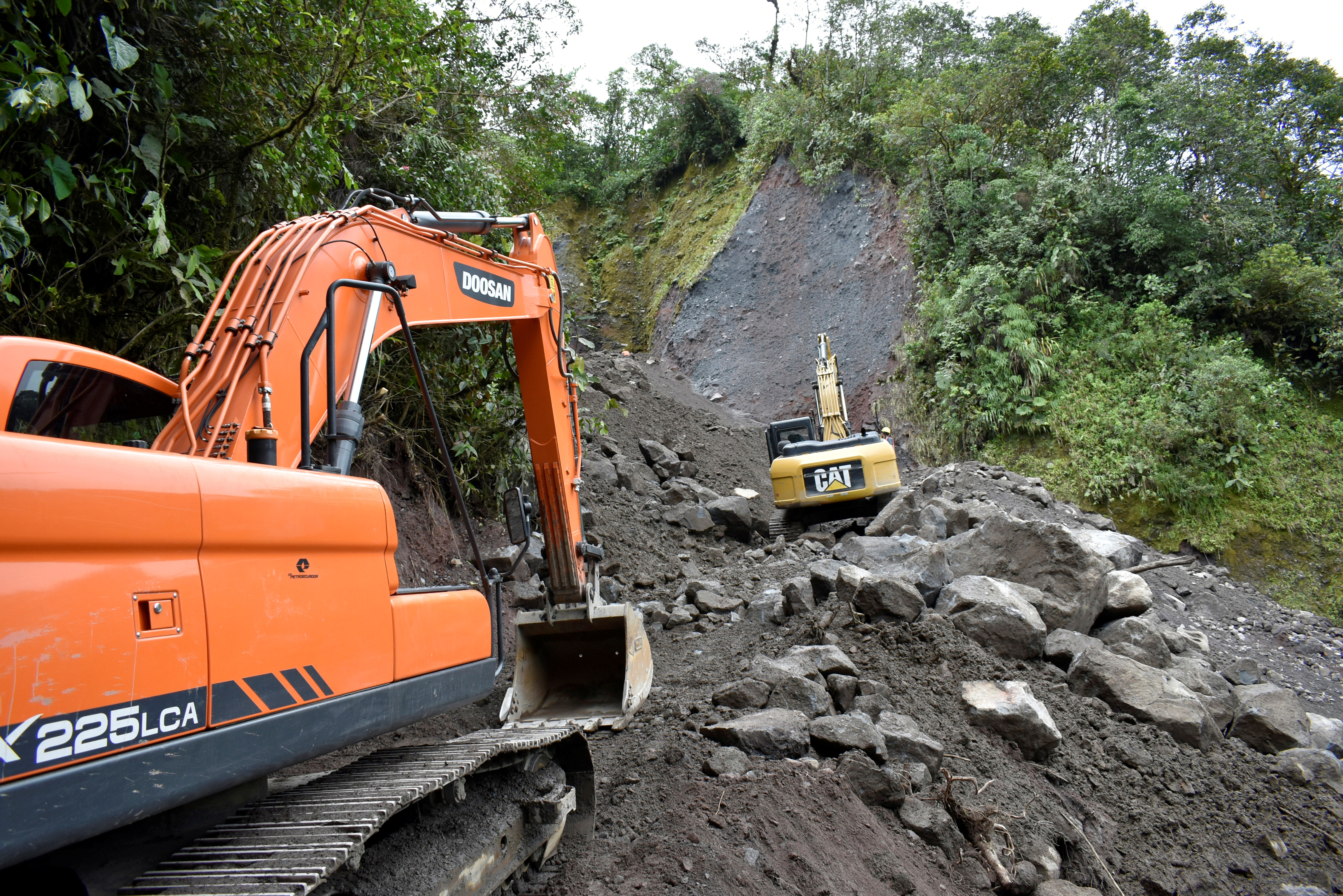 Excavators are used to clear a strip of forest to build a new route for an oil pipeline, in San Luis