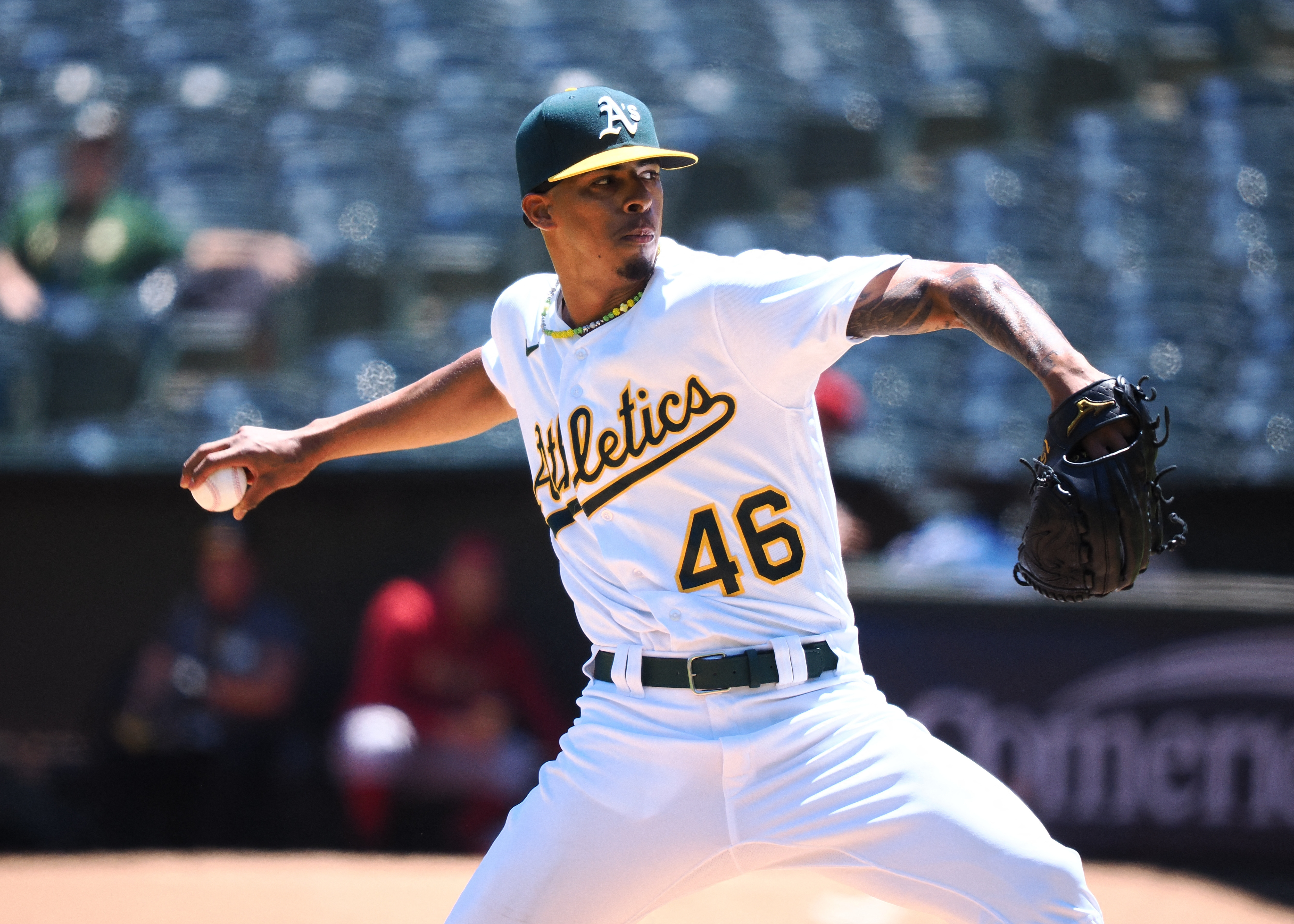 Oakland Athletics pitcher Luis Medina throws against the Arizona